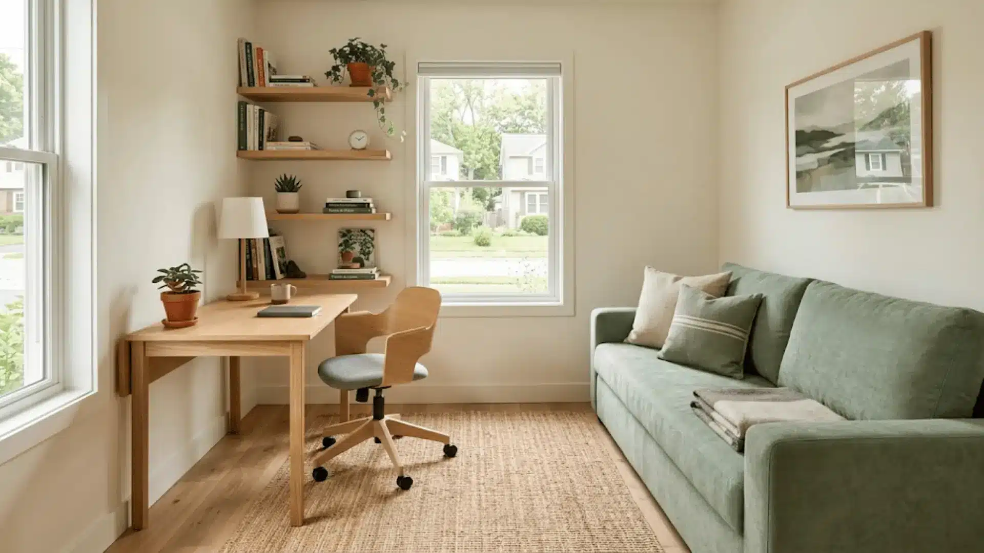 home office and guest room combo with fold-out desk, sage sofa bed, open shelving, and jute rug
