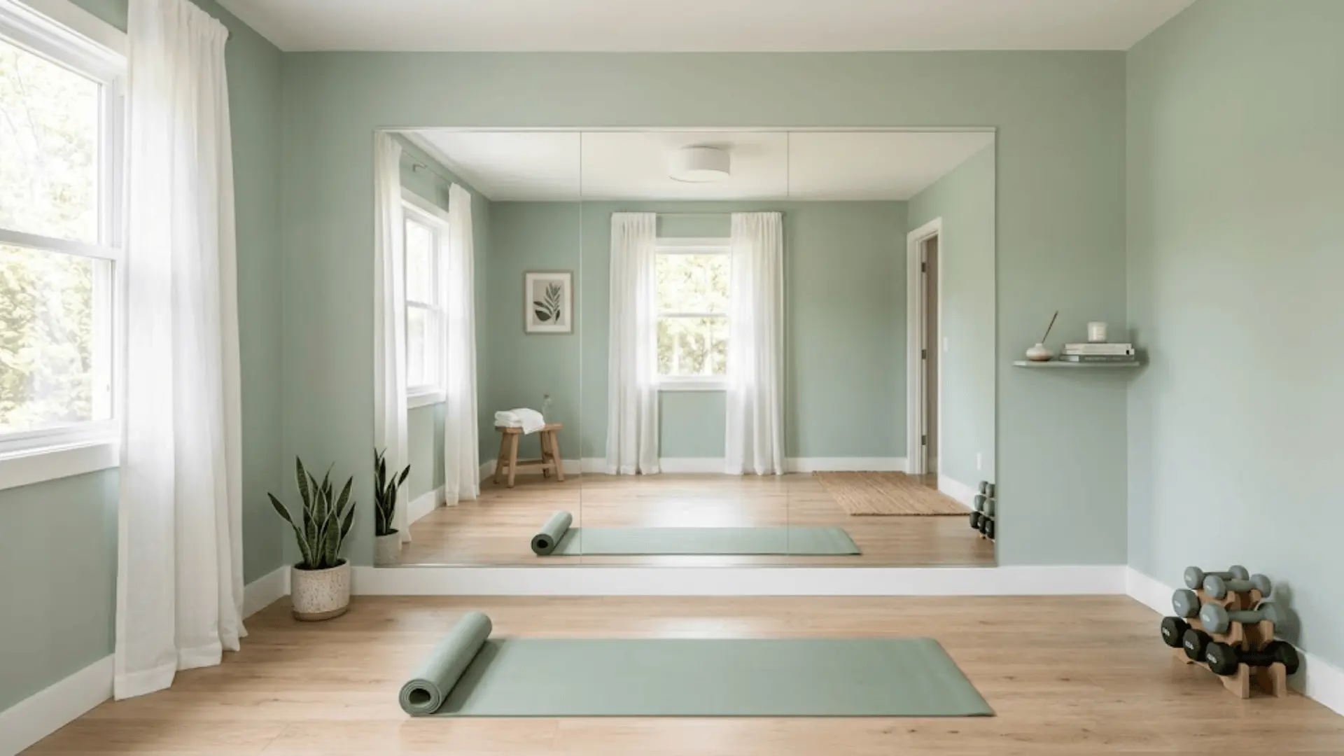 home wellness room with yoga mat, full wall mirror, sage walls, natural light, and minimal equipment
