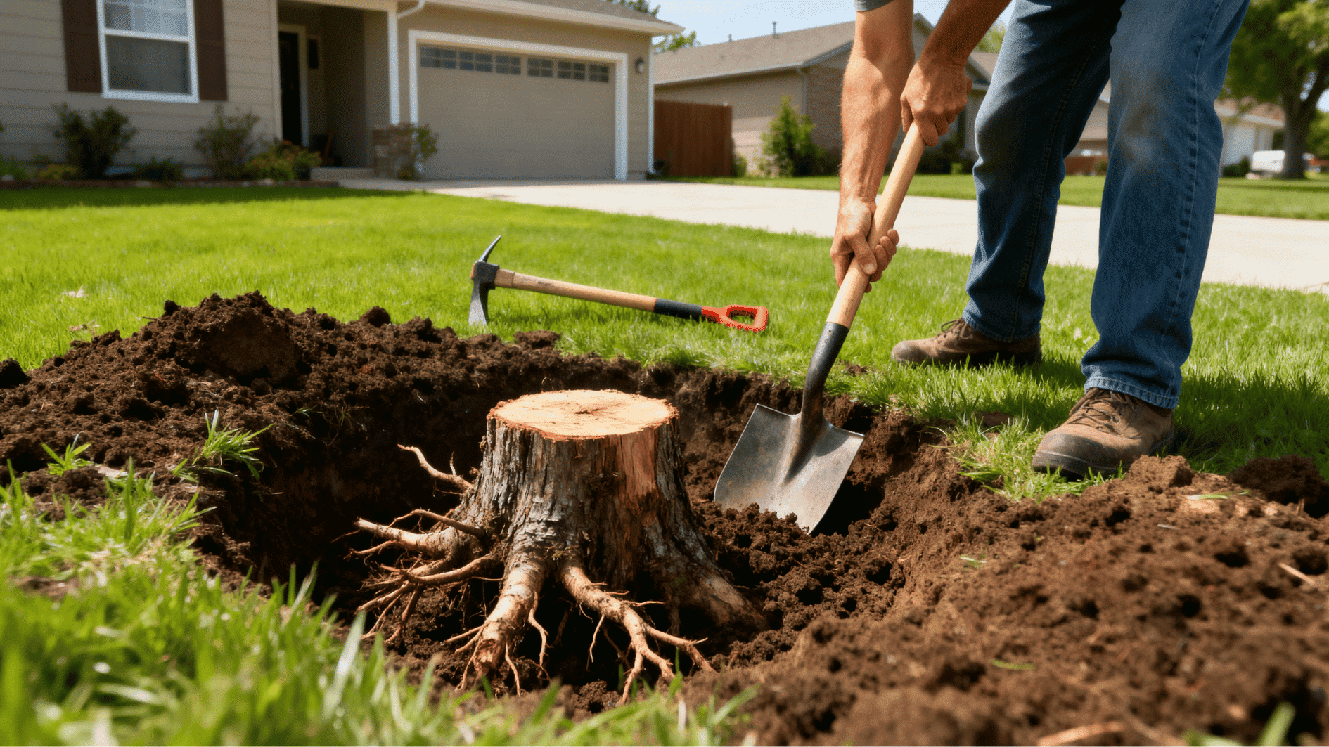 homeowner digging around a small tree stump with a shovel in a sunny backyard to expose roots for DIY removal without heavy equipment.
