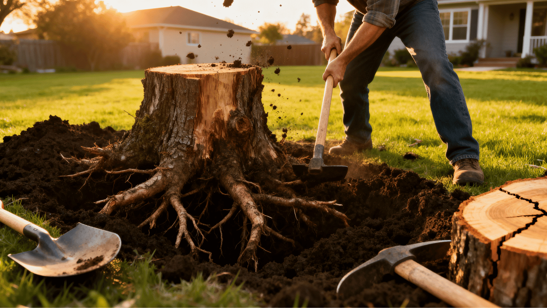 homeowner digging out a large tree stump with exposed roots in a sunny backyard using simple DIY tools and manual effort.