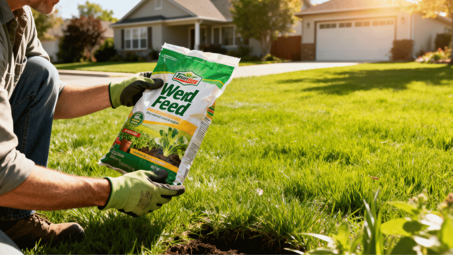 homeowner reading a weed and feed product label while kneeling on a green lawn in a sunny suburban backyard.