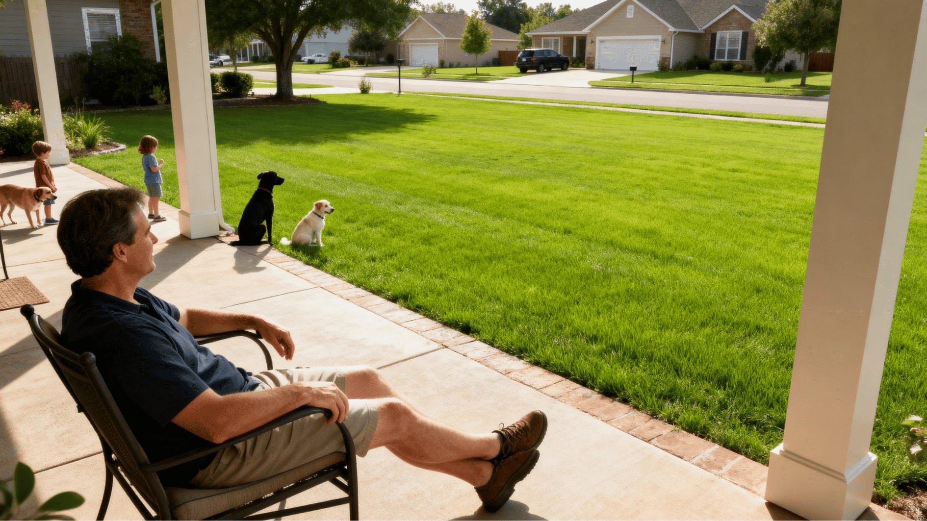 homeowner relaxing on a patio while pets and children stay off a freshly treated green lawn in a sunny neighborhood.