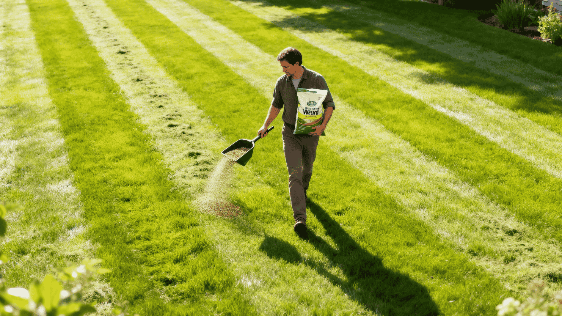homeowner spreading weed and feed evenly across a striped green lawn during sunny daytime lawn maintenance.