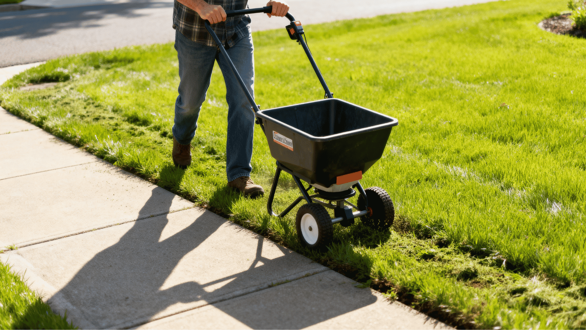 homeowner using a lawn spreader along sidewalk edges for even weed and feed coverage in a suburban yard.