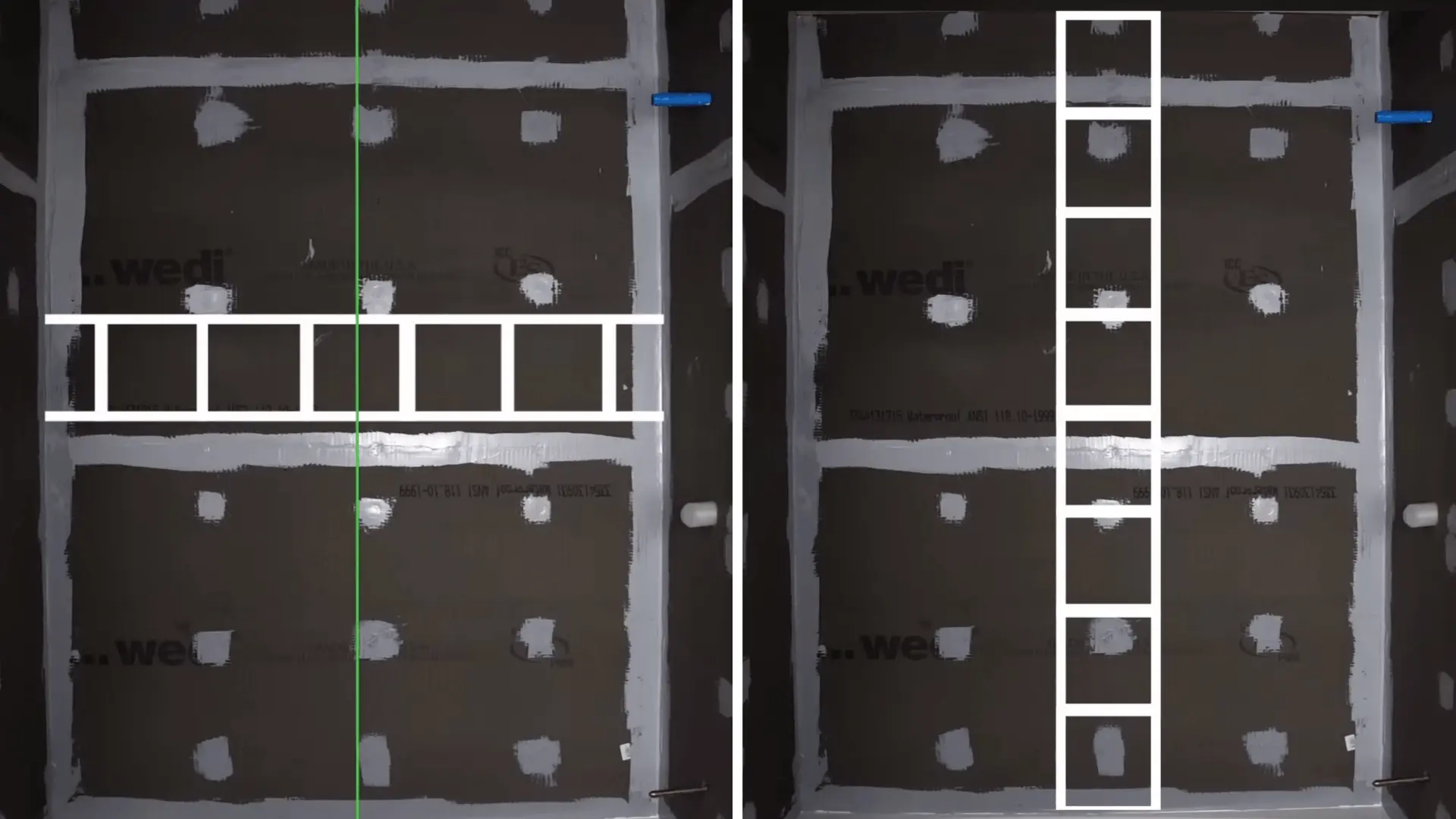 horizontal and vertical tile layout planning on a waterproofed shower wall with grid overlay guides
