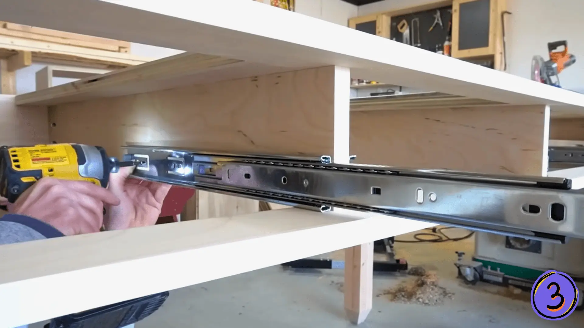 installing ball bearing drawer slides under a diy wooden desk using a dewalt drill