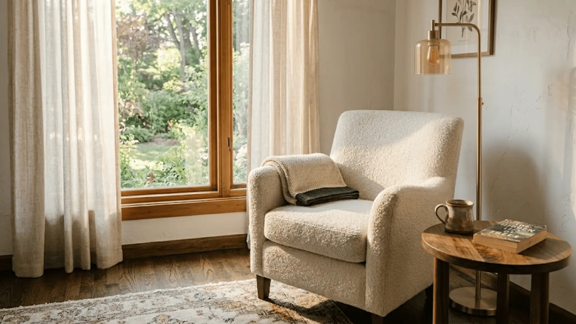 ivory boucle armchair in a sunlit living room corner with brass floor lamp and walnut side table