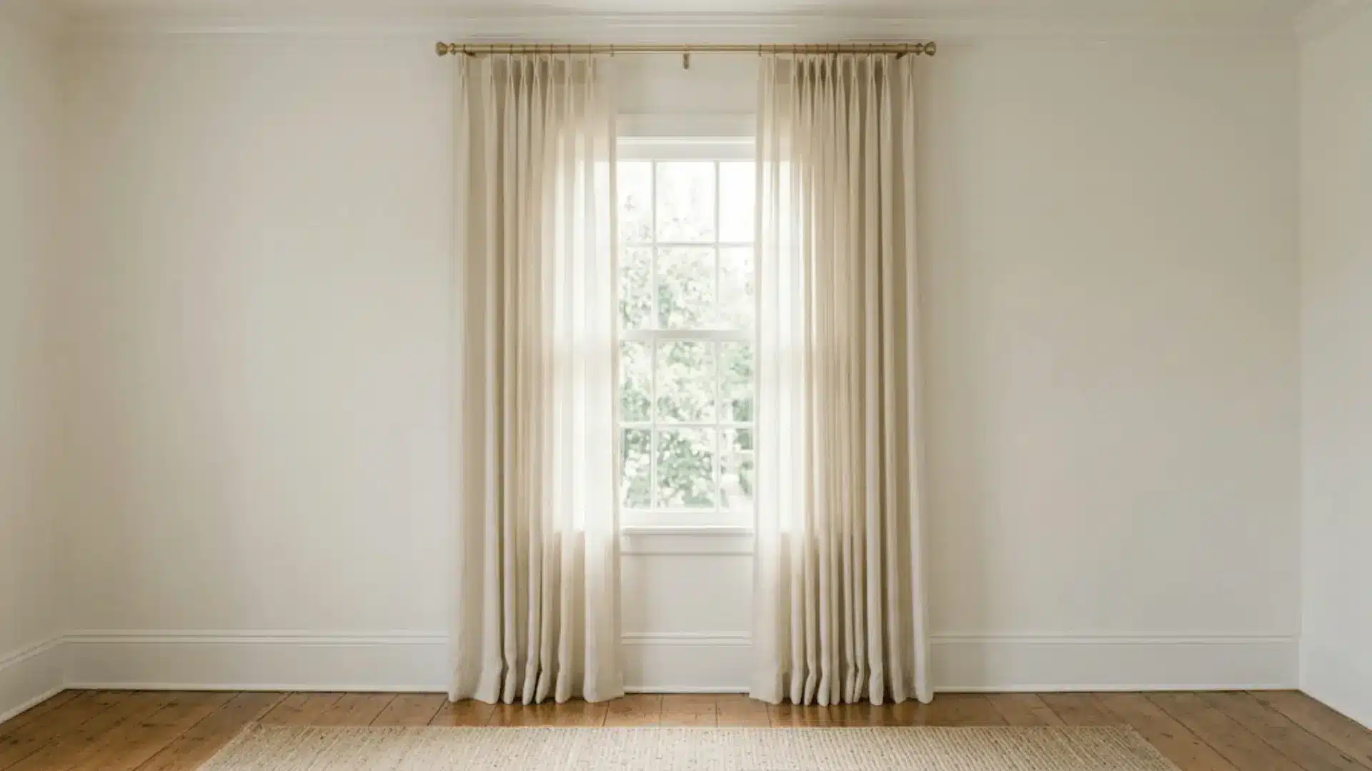 ivory linen curtain lightly grazing hardwood floor in a softly lit interior with brass rod and clean even folds