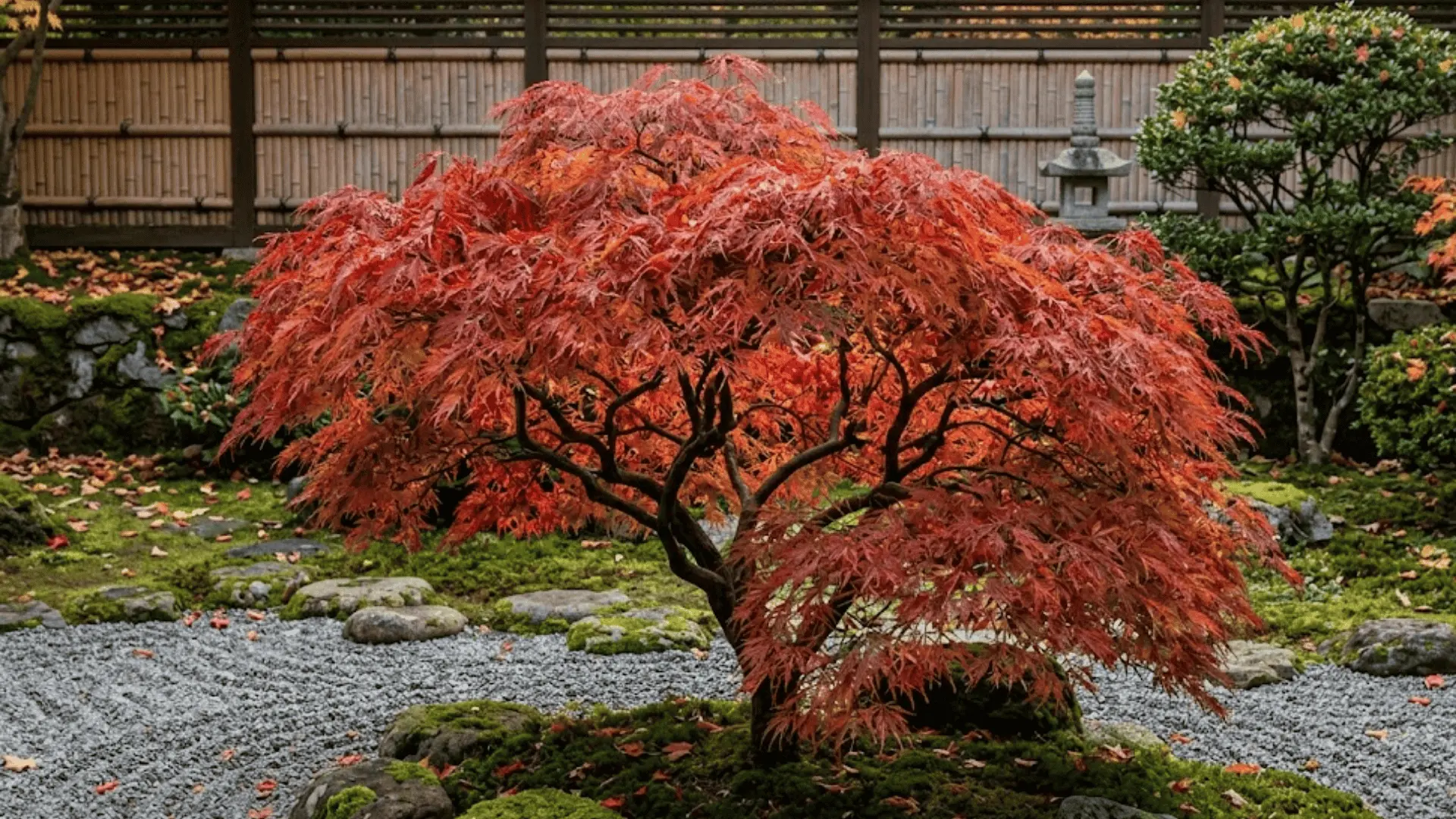 japanese maple shrub form with deeply dissected scarlet and crimson autumn leaves in a garden