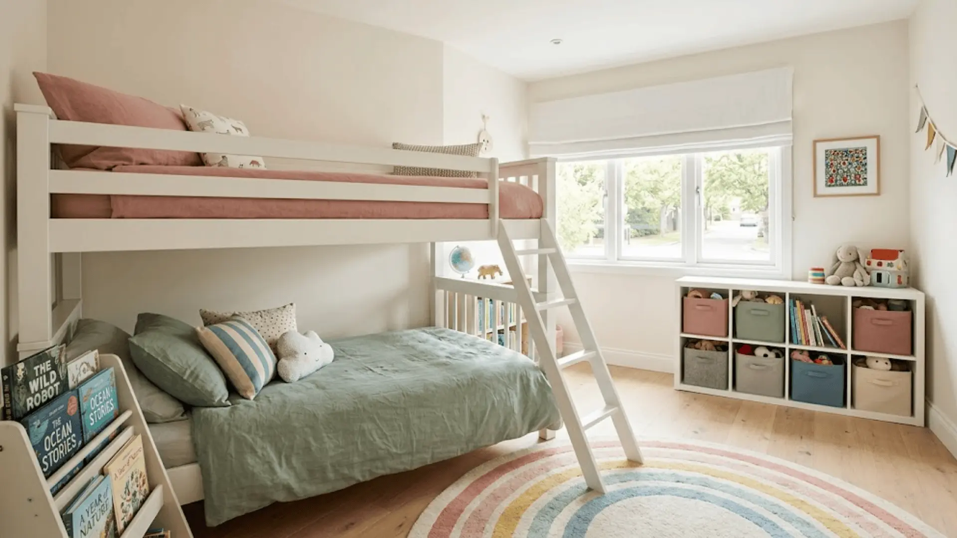 kids sleepover room with white bunk beds, colorful soft bedding, toy storage, and warm natural light