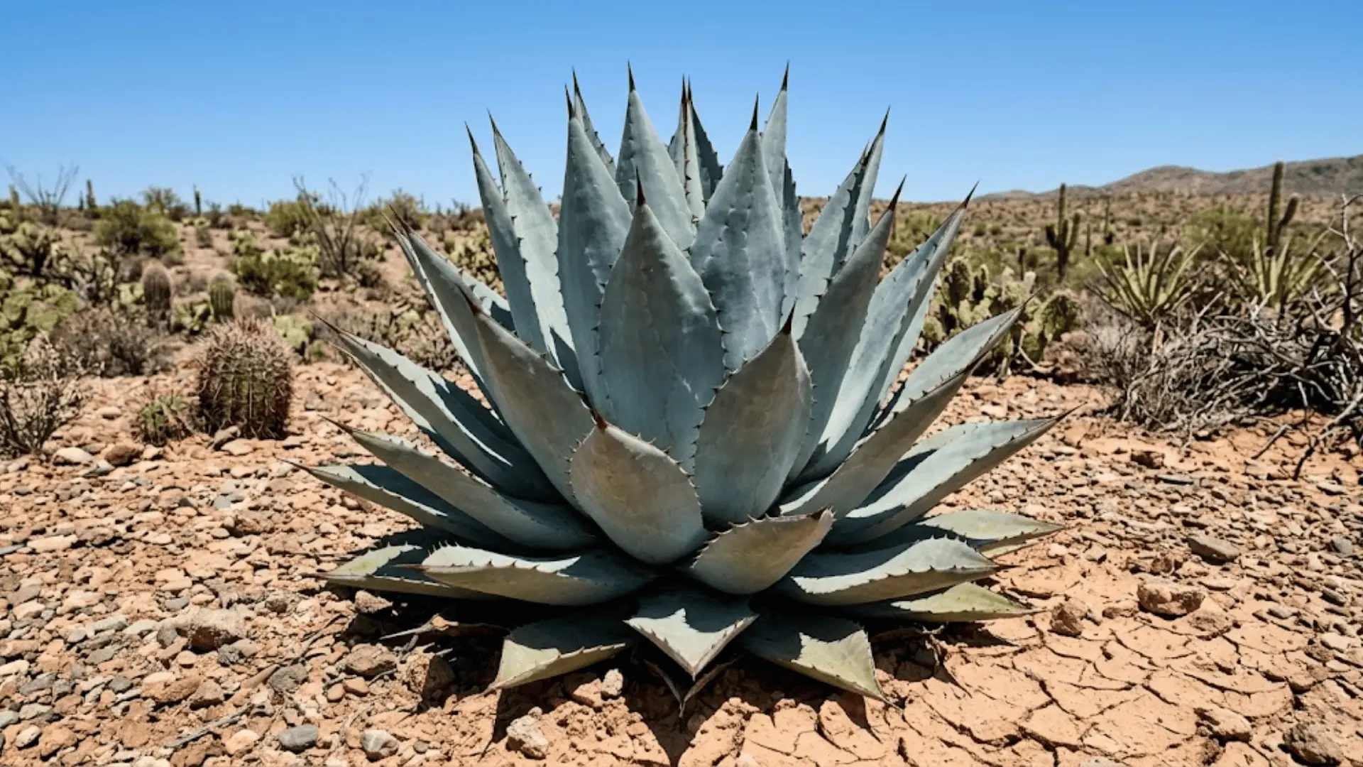 large blue-grey agave rosette growing in arid gravel land under a clear blue sky