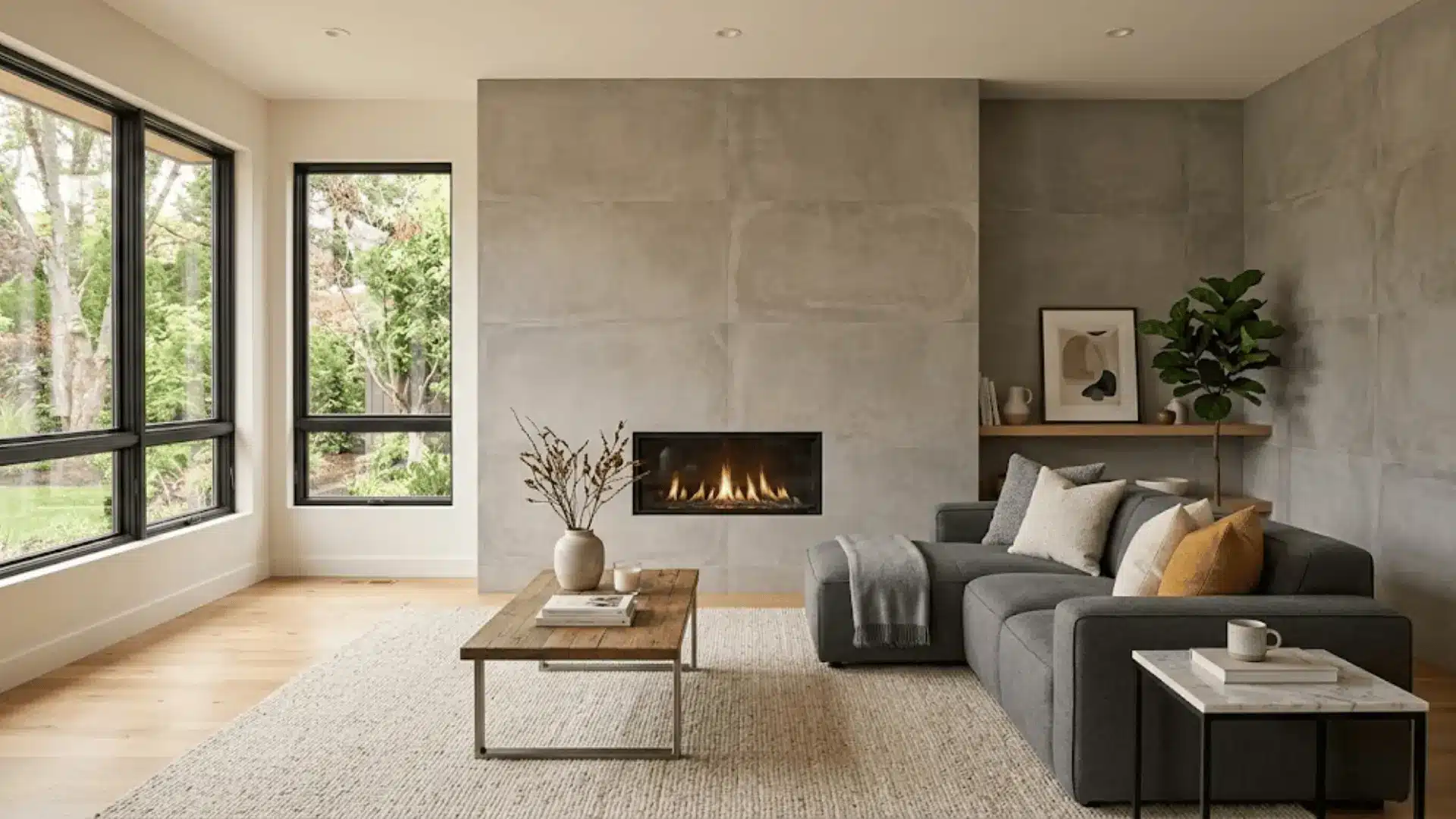 large format porcelain tile seamless fireplace wall in a minimalist contemporary living room