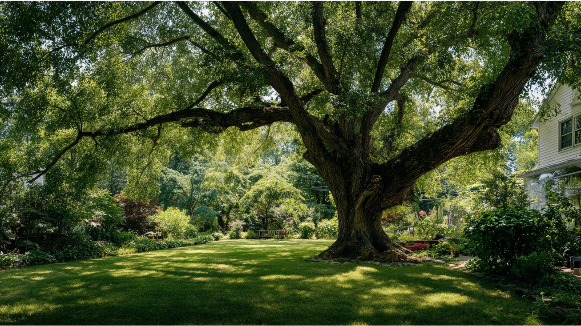 large mature black walnut tree with sprawling canopy in an American backyard