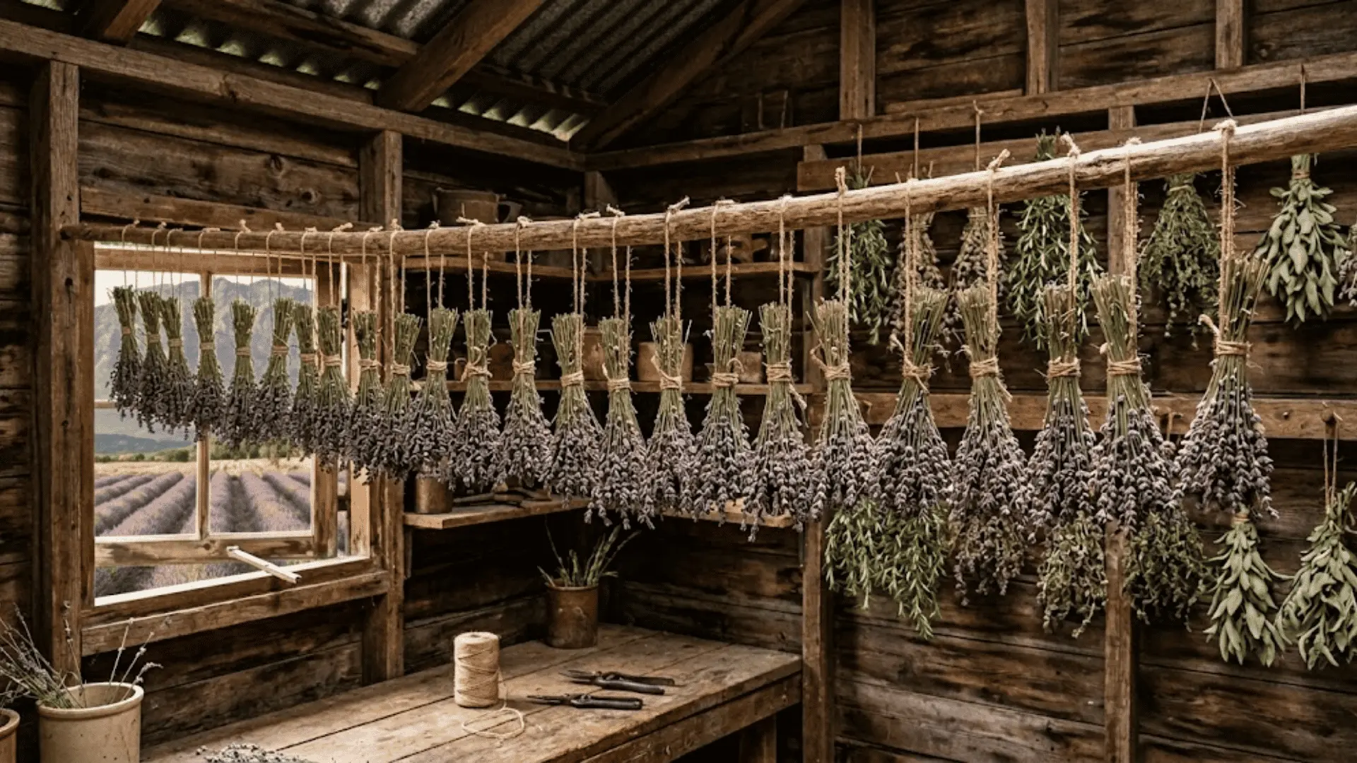 lavender bundles hanging upside down from a wooden rod inside a rustic well-lit shed