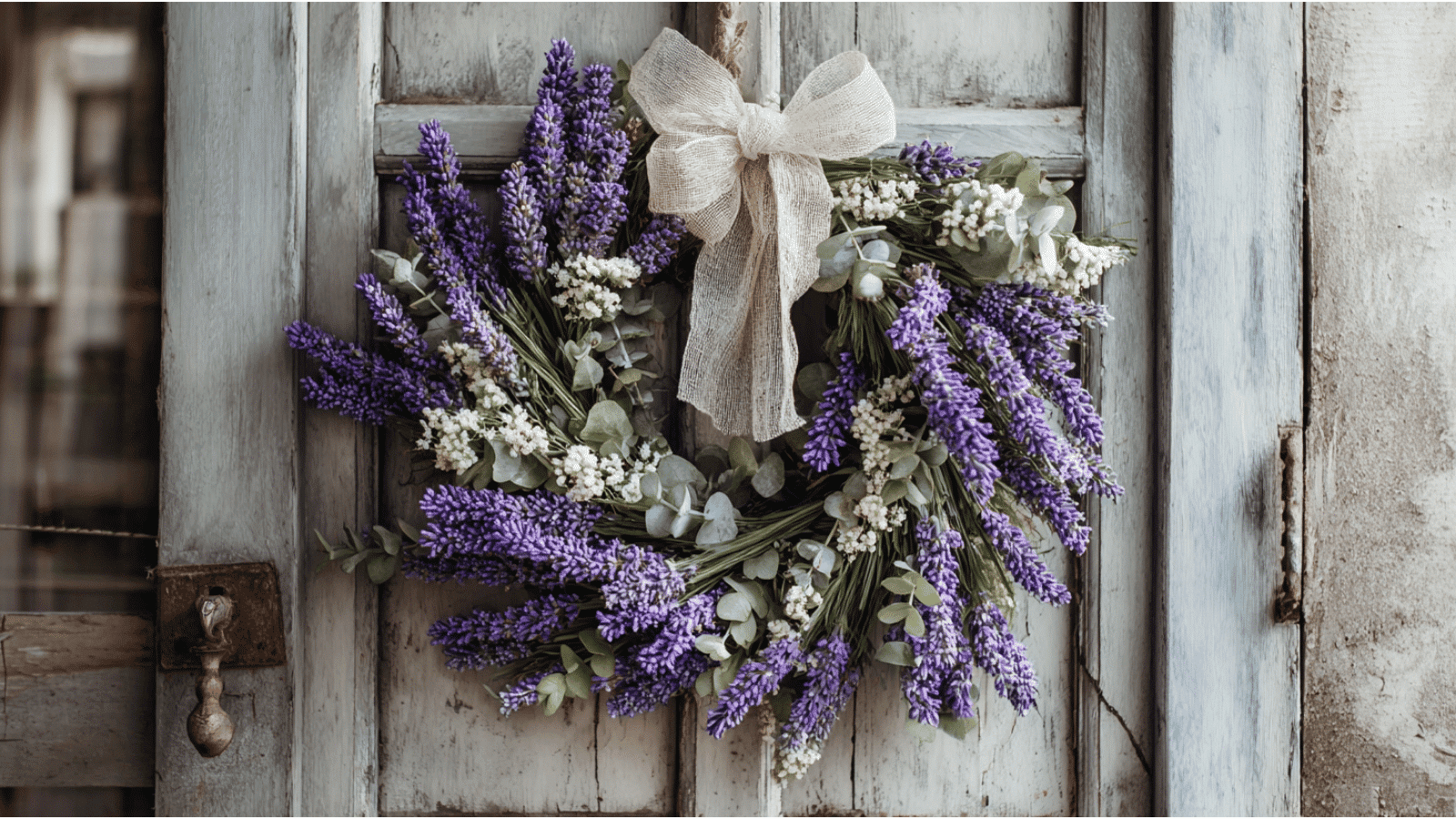 lavender wreath with purple lavender flowers eucalyptus greenery and burlap ribbon hanging on a rustic wooden door