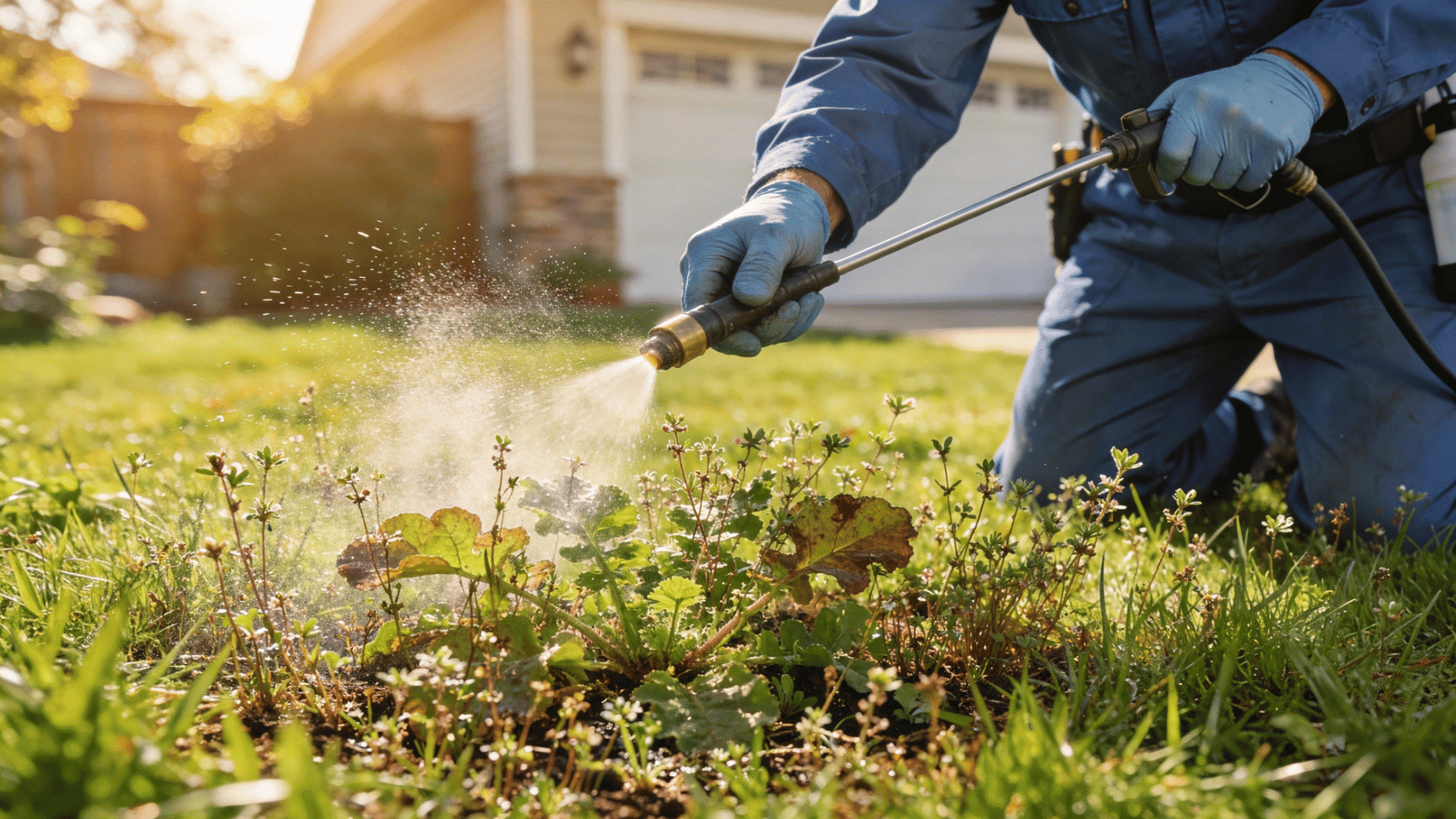 lawn care worker spraying weed killer on invasive garden weeds in grassy yard near suburban home during sunset