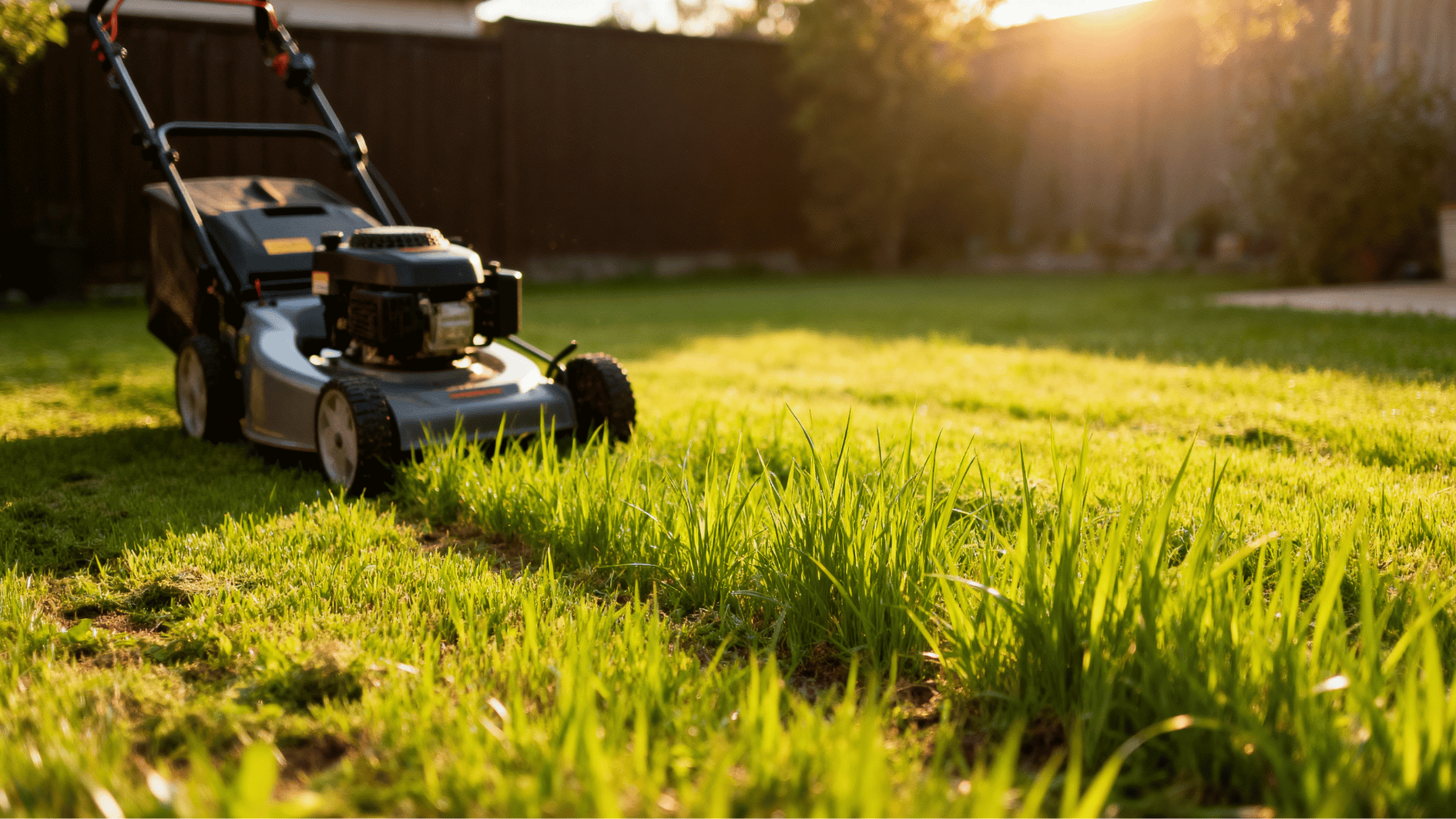 lawn mower beside tall fresh grass in a sunny backyard, showing new lawn growth before the first mow.