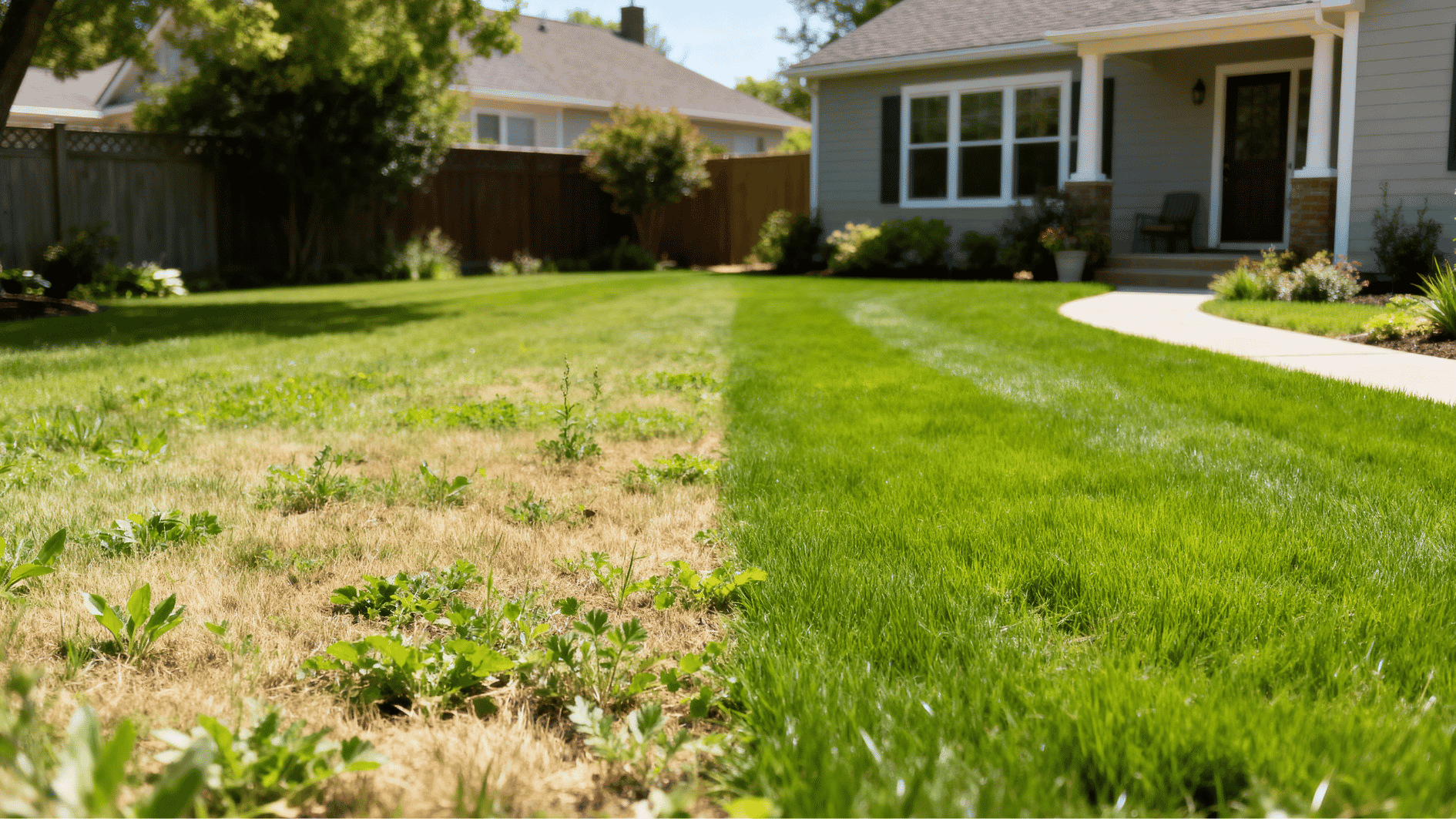 lawn showing uneven weed growth beside healthy green grass after weed and feed treatment in a suburban backyard