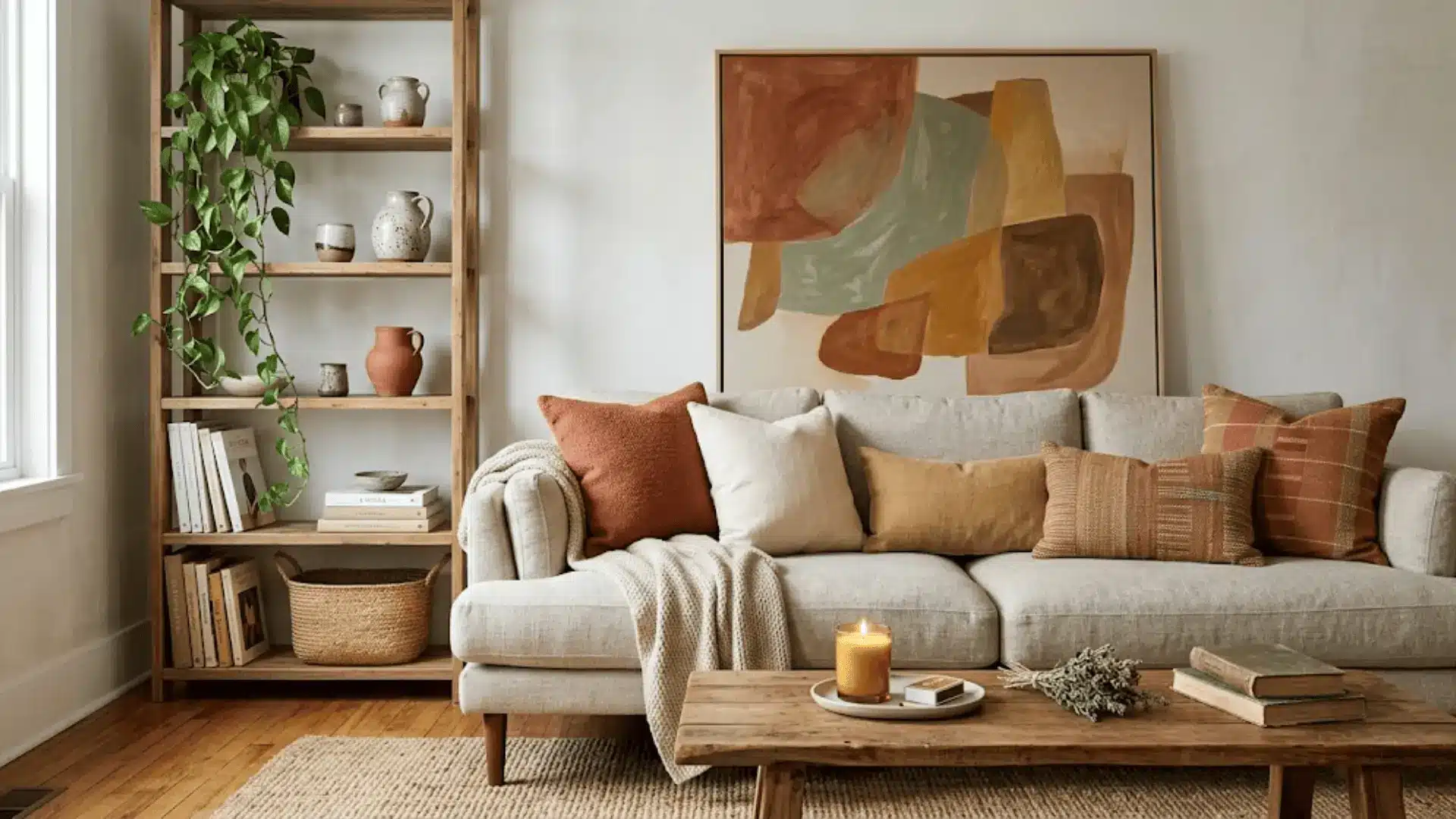 layered living room corner with linen sofa, leaning artwork, open shelving, ceramics, and jute rug