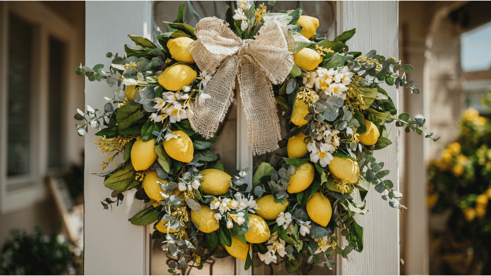lemon wreath with yellow lemons white flowers eucalyptus greenery and burlap ribbon hanging on a farmhouse front door