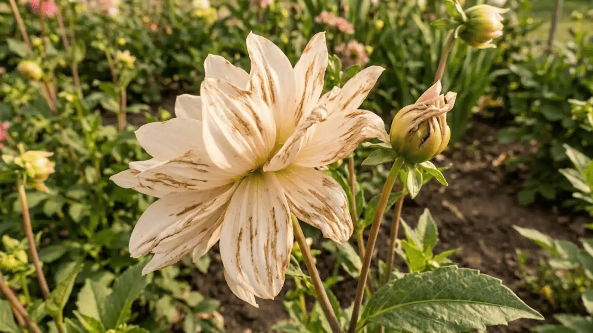 light colored flower petals with brown streaks and deformities from thrips damage in natural daylight