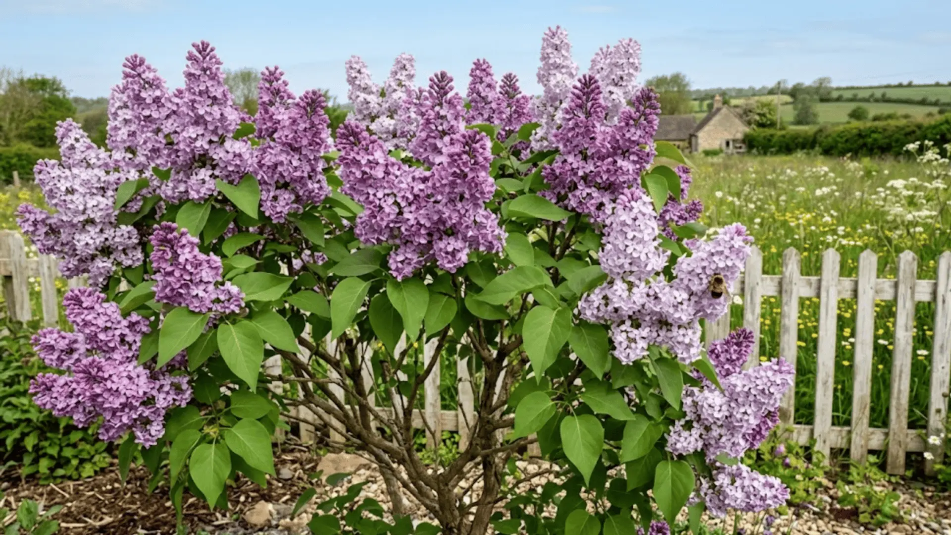 lilac shrub in full spring bloom with soft purple flower panicles and a visiting honeybee