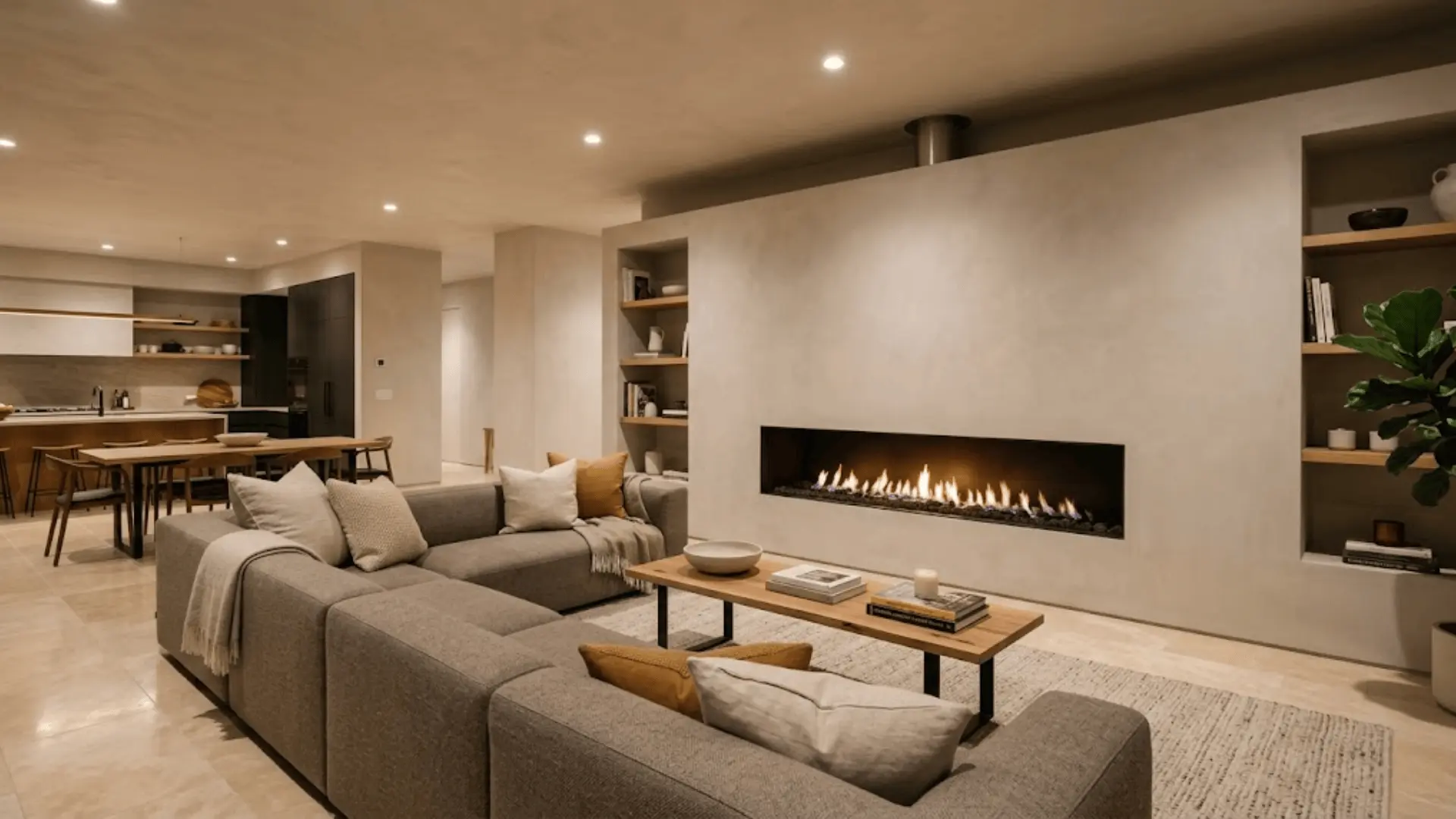 linear frameless fireplace set flush into a smooth plaster accent wall in an open plan living space