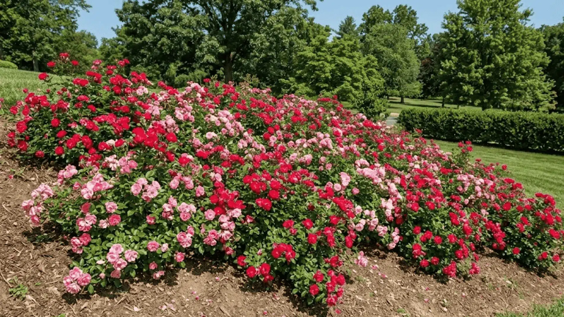 low growing groundcover rose spreading across a garden slope covered in masses of small red and pink blooms
