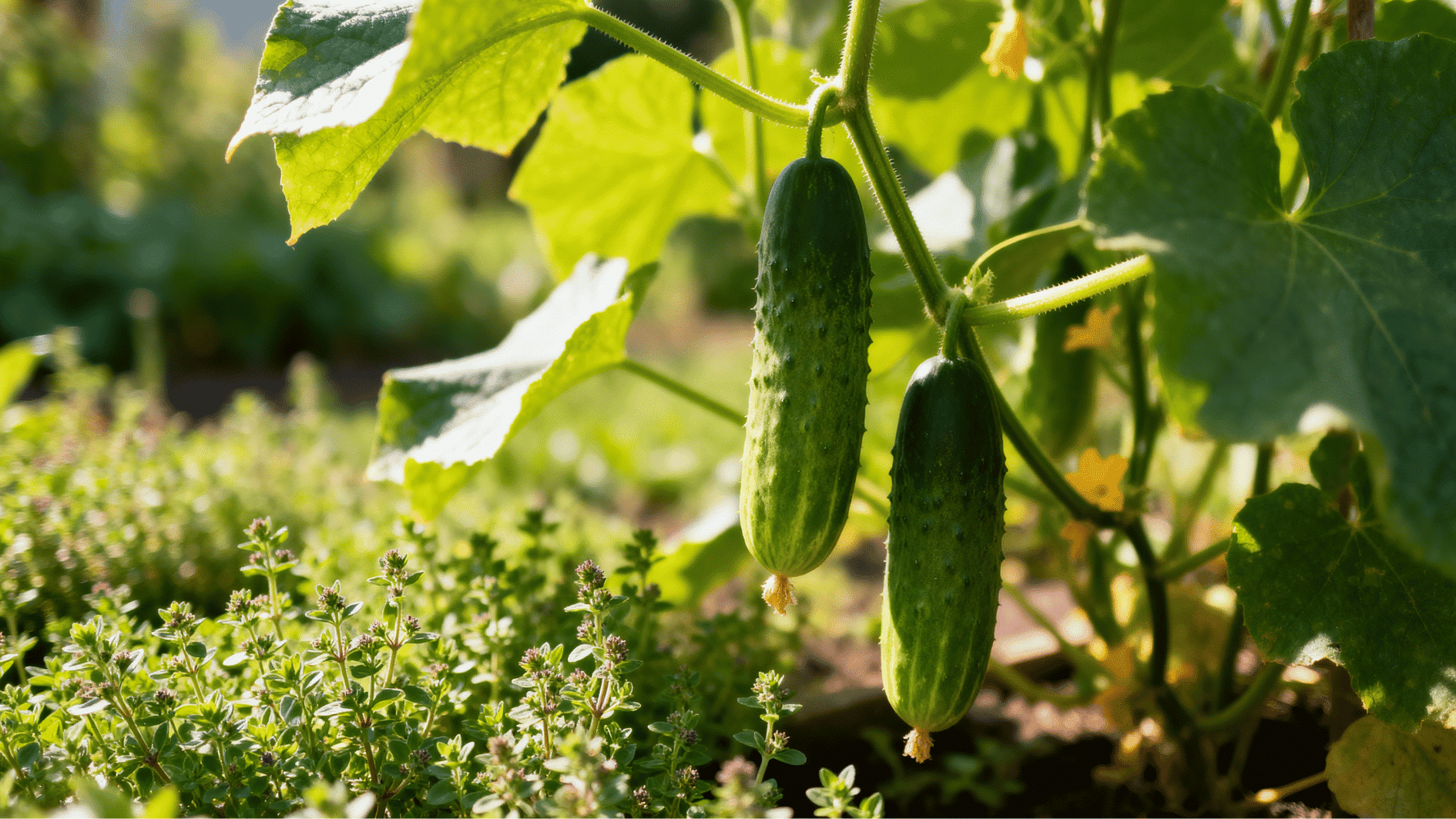 low-growing oregano herbs beside cucumber vines in a bright vegetable garden with fresh cucumbers and green leaves.