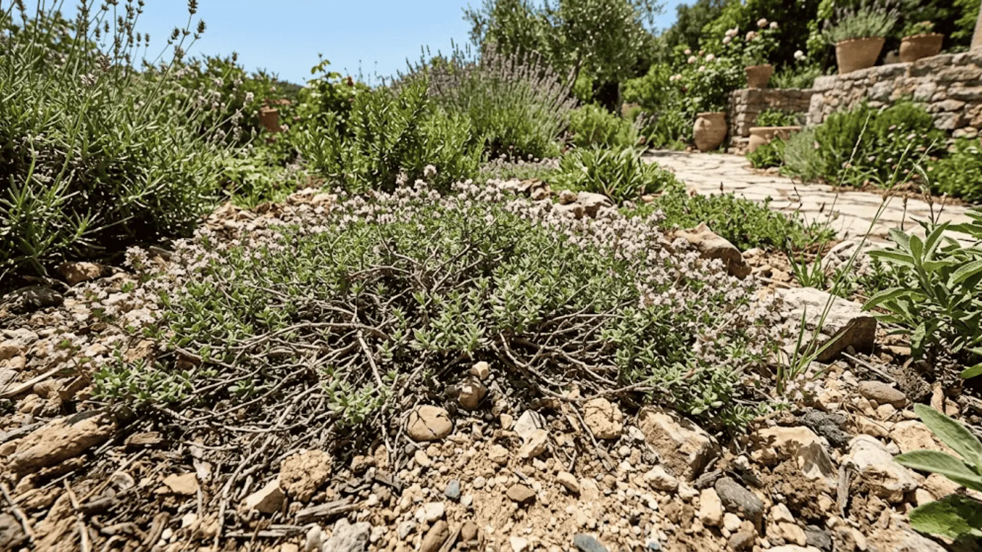 low growing thyme with tiny grey green leaves and pink flowers spreading across dry rocky garden soil