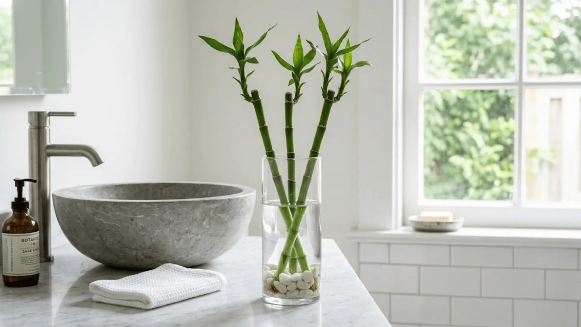 lucky bamboo in a glass vase with white pebbles on a marble bathroom countertop beside a stone sink