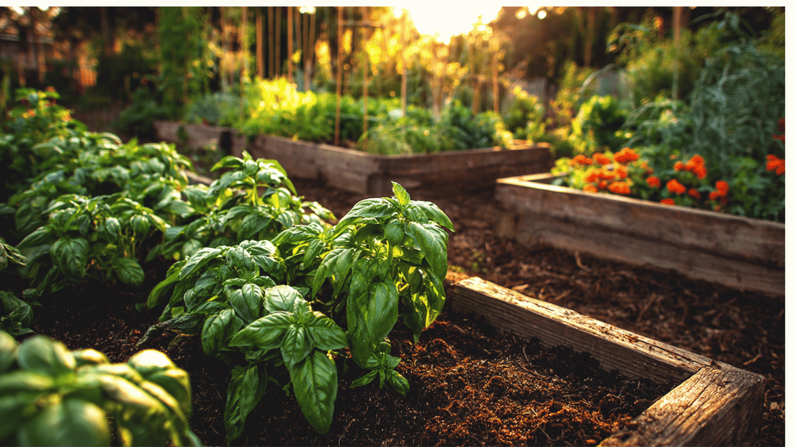 Lush basil growing in raised garden beds with glowing sunset light, rich soil, and colorful backyard vegetable plants.