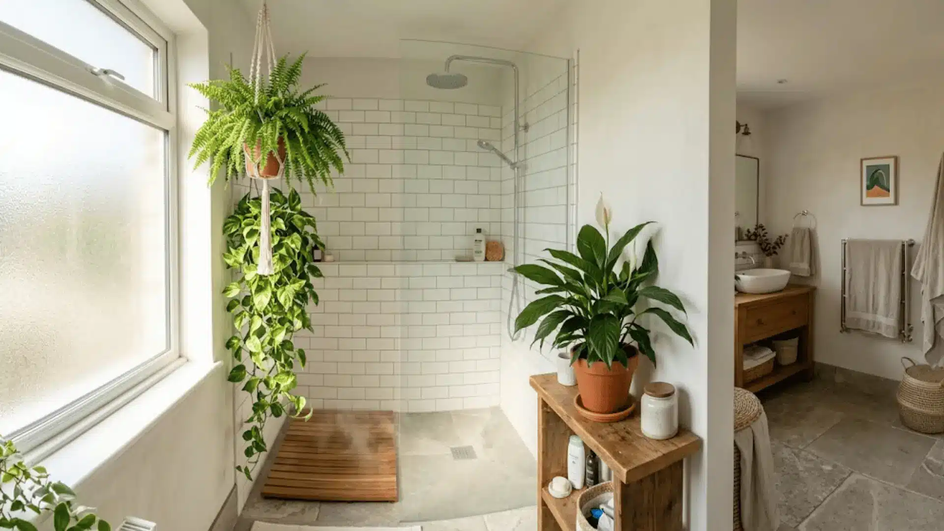 lush bathroom with trailing pothos, boston fern, and peace lily beside a walk-in shower with natural light