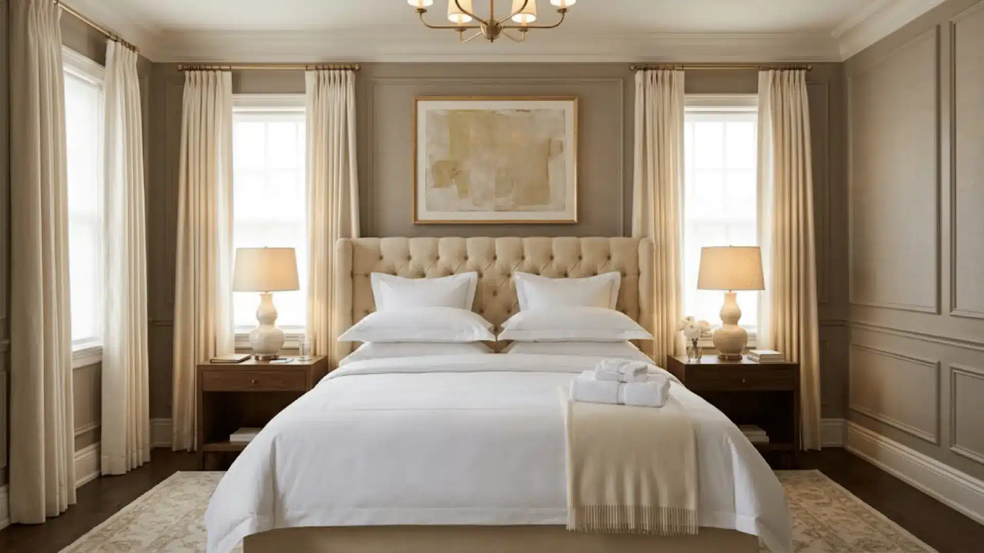 luxury hotel-inspired guest room with tall ivory headboard, crisp white bedding, and matching walnut nightstands