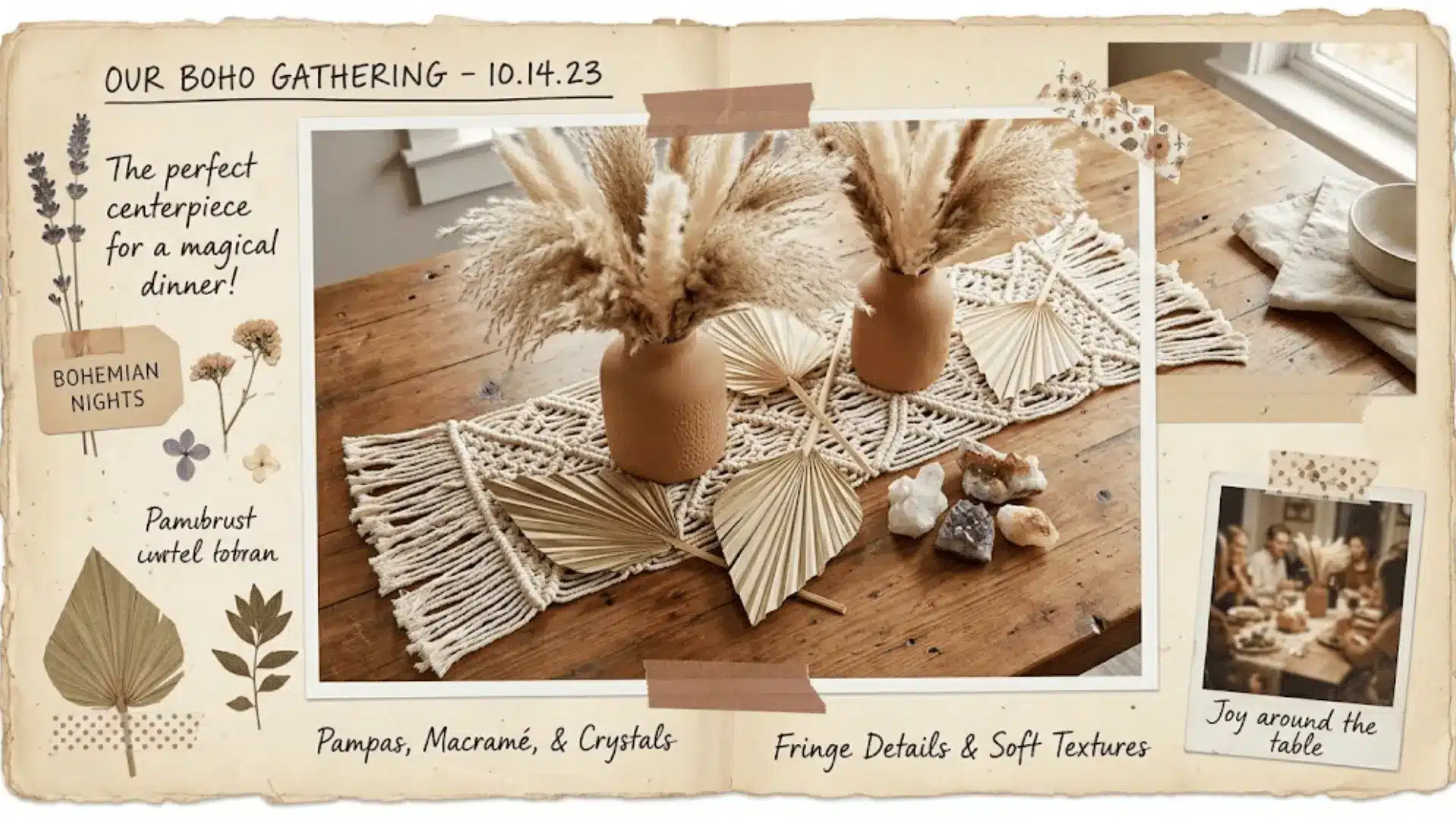macrame runner with pampas grass terracotta vases and crystals as boho dining table centerpiece