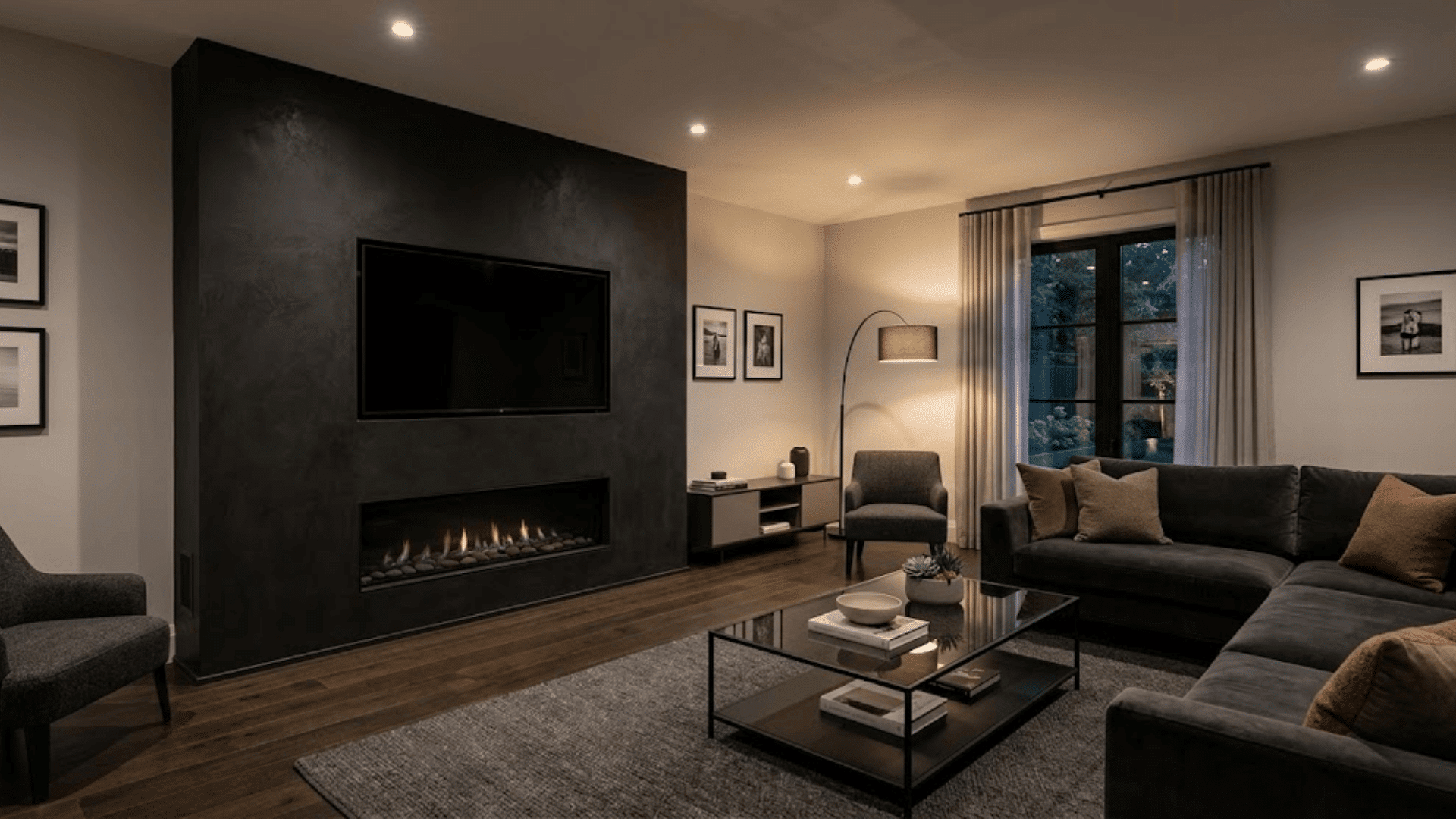 matte black textured plaster fireplace accent wall with flush linear fireplace in a modern living room (1)