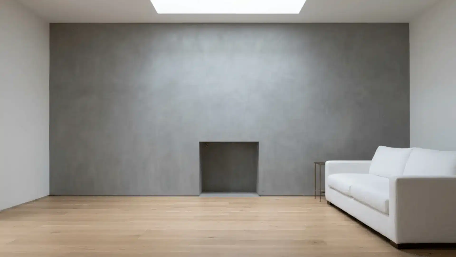 matte black textured plaster fireplace accent wall with flush linear fireplace in a modern living room