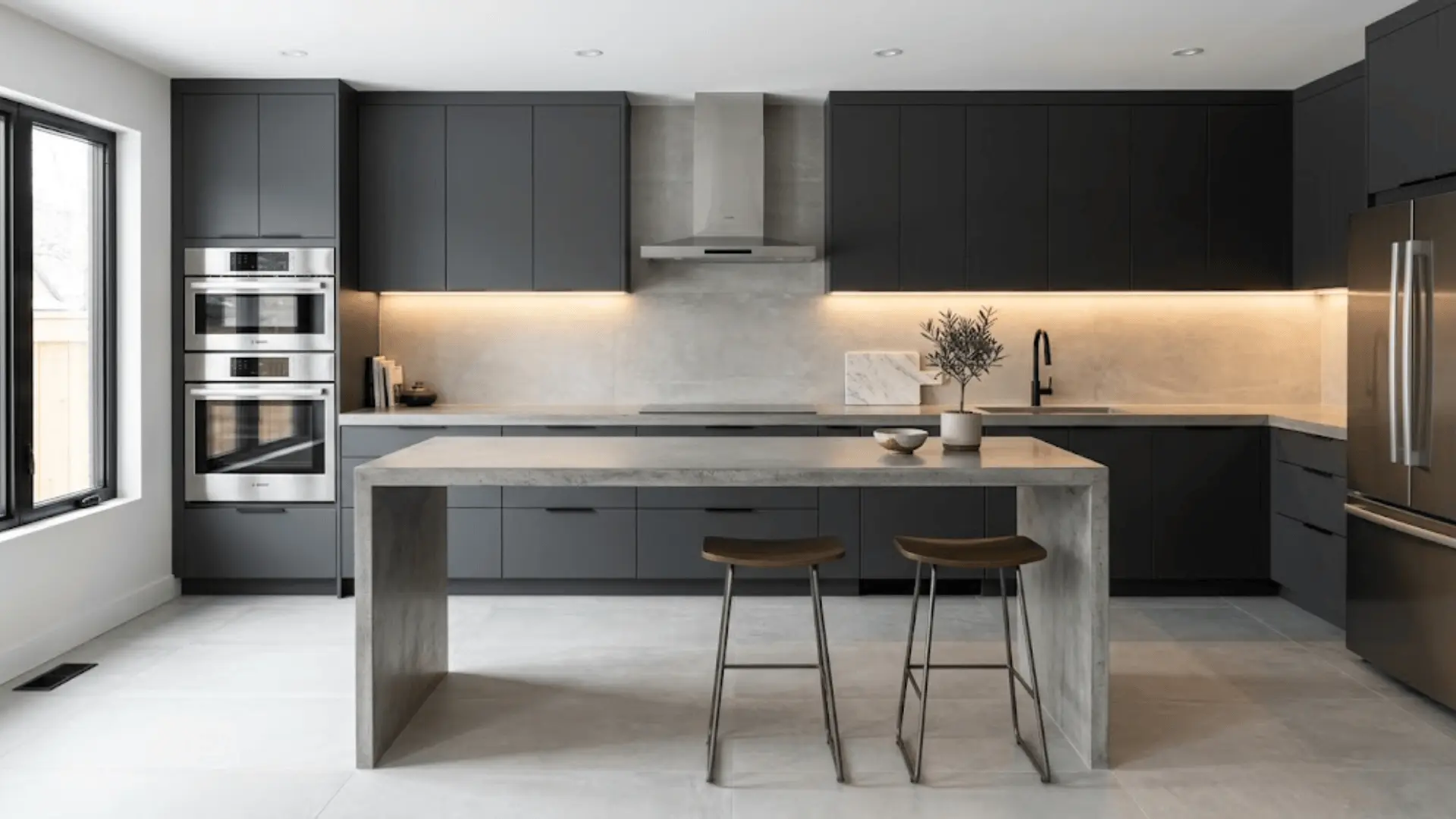 matte charcoal flat panel slab cabinets in a sleek modern kitchen with concrete countertops