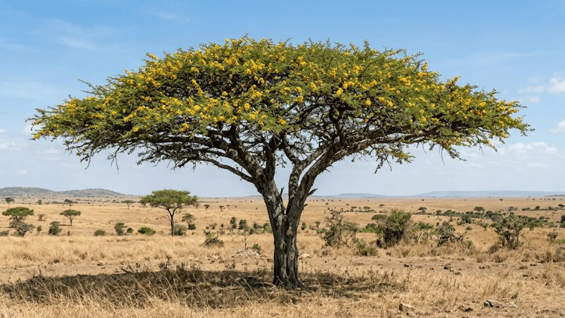 mature acacia tree with golden yellow flower clusters and fine leaves in dry open savanna landscape