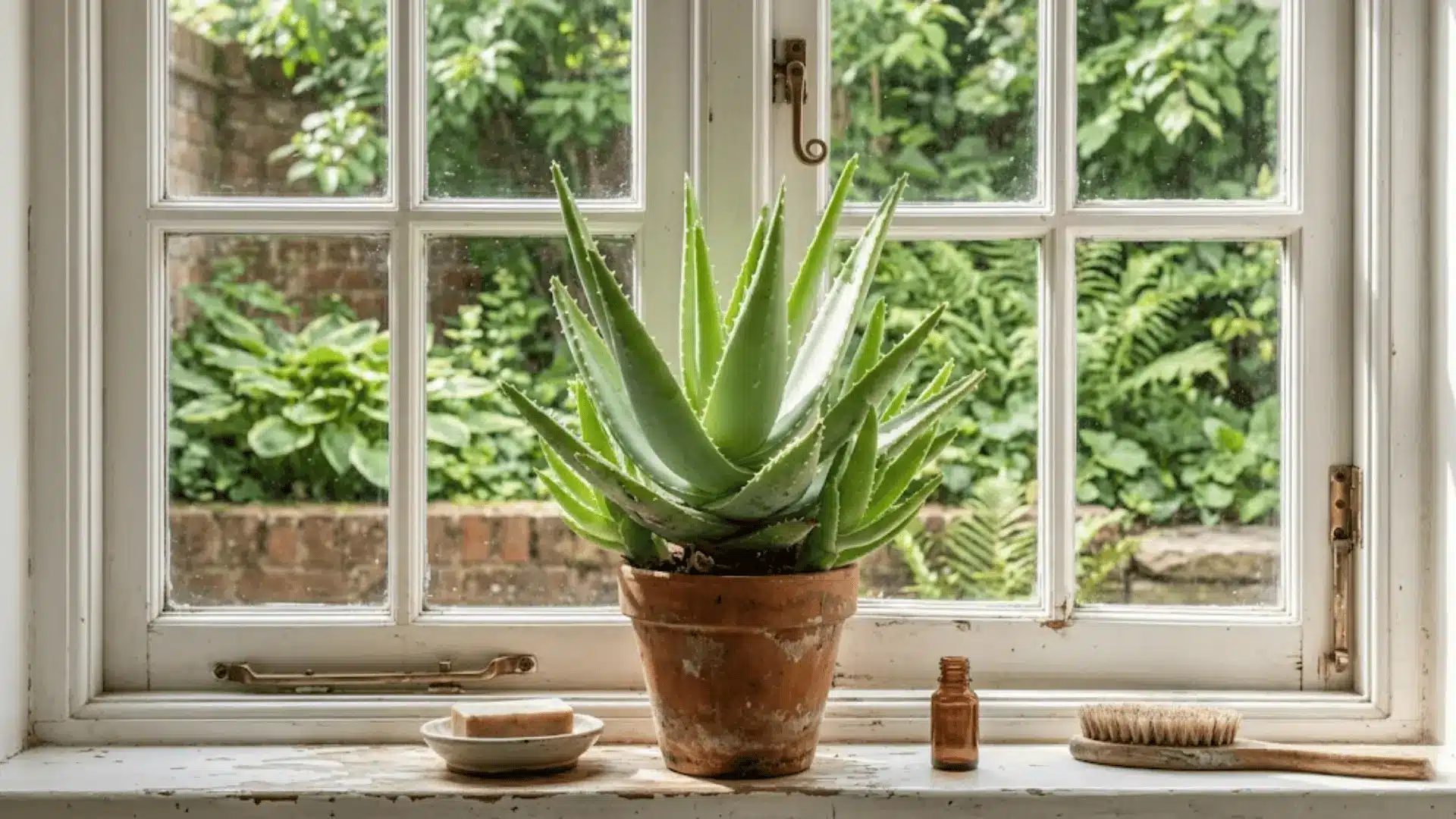 mature aloe vera in a clay pot on a sunlit bathroom windowsill with serrated leaves catching morning light
