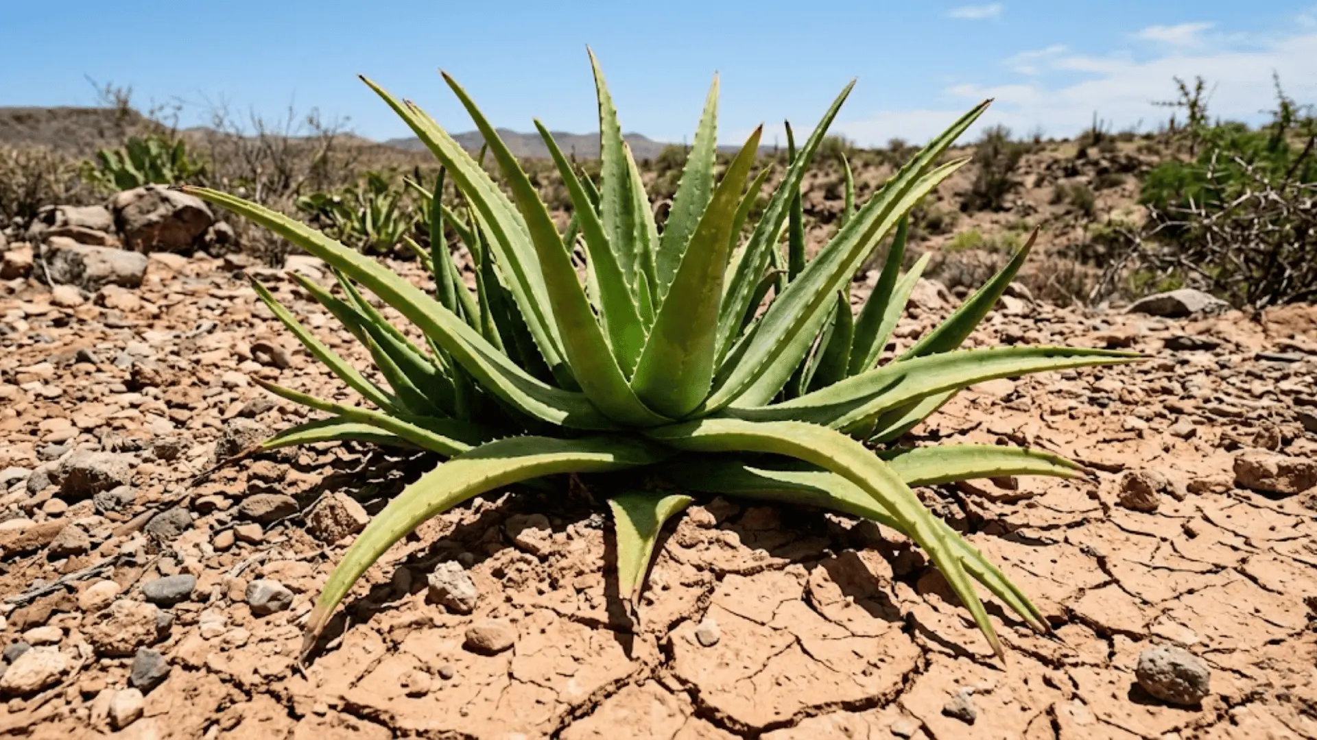 mature aloe vera plant growing in dry cracked soil under natural sunlight with detailed fleshy leaves