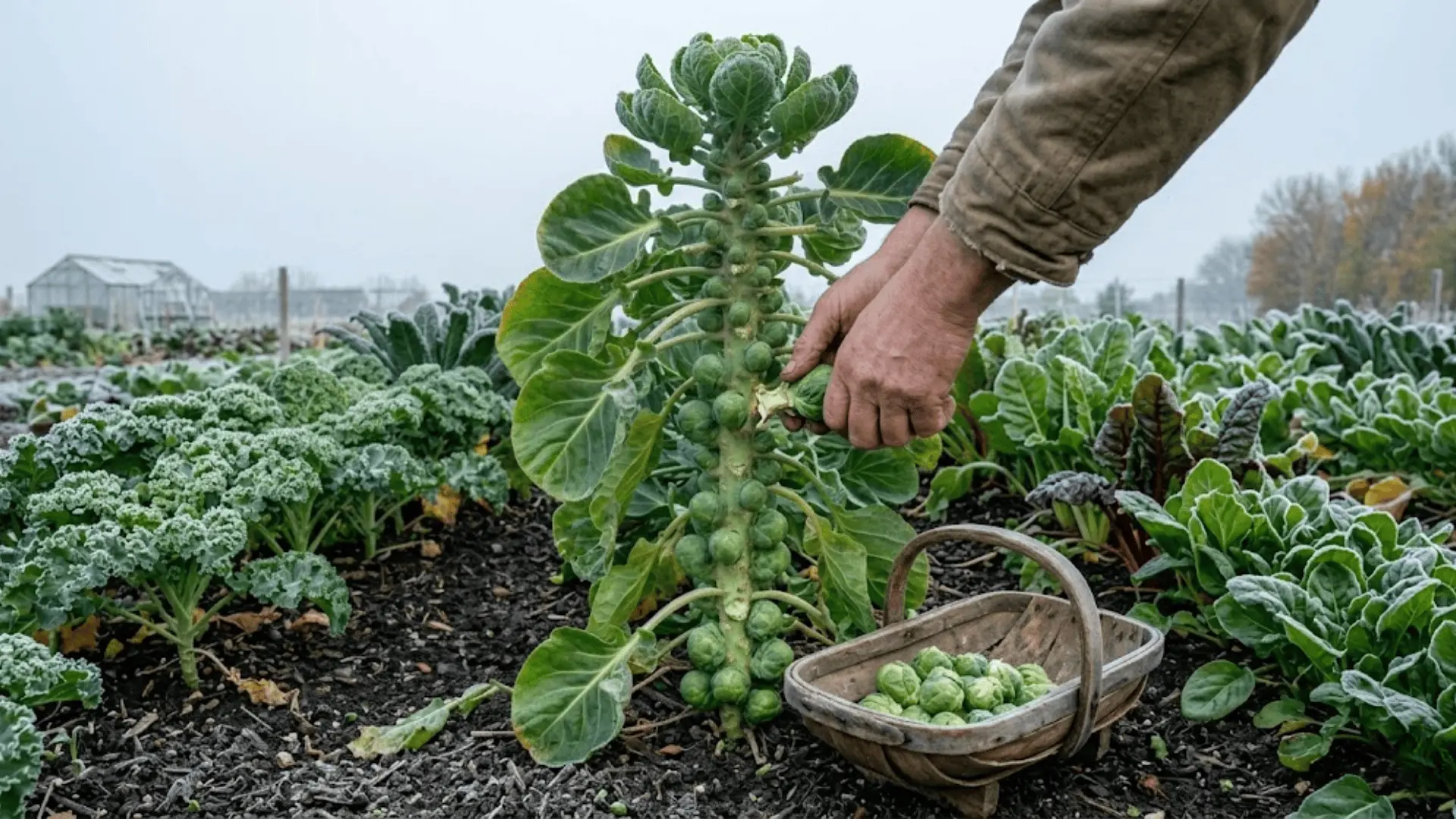 mature brussels sprout plant with full stem in autumn kitchen garden, golden morning light, sharp background rows visible