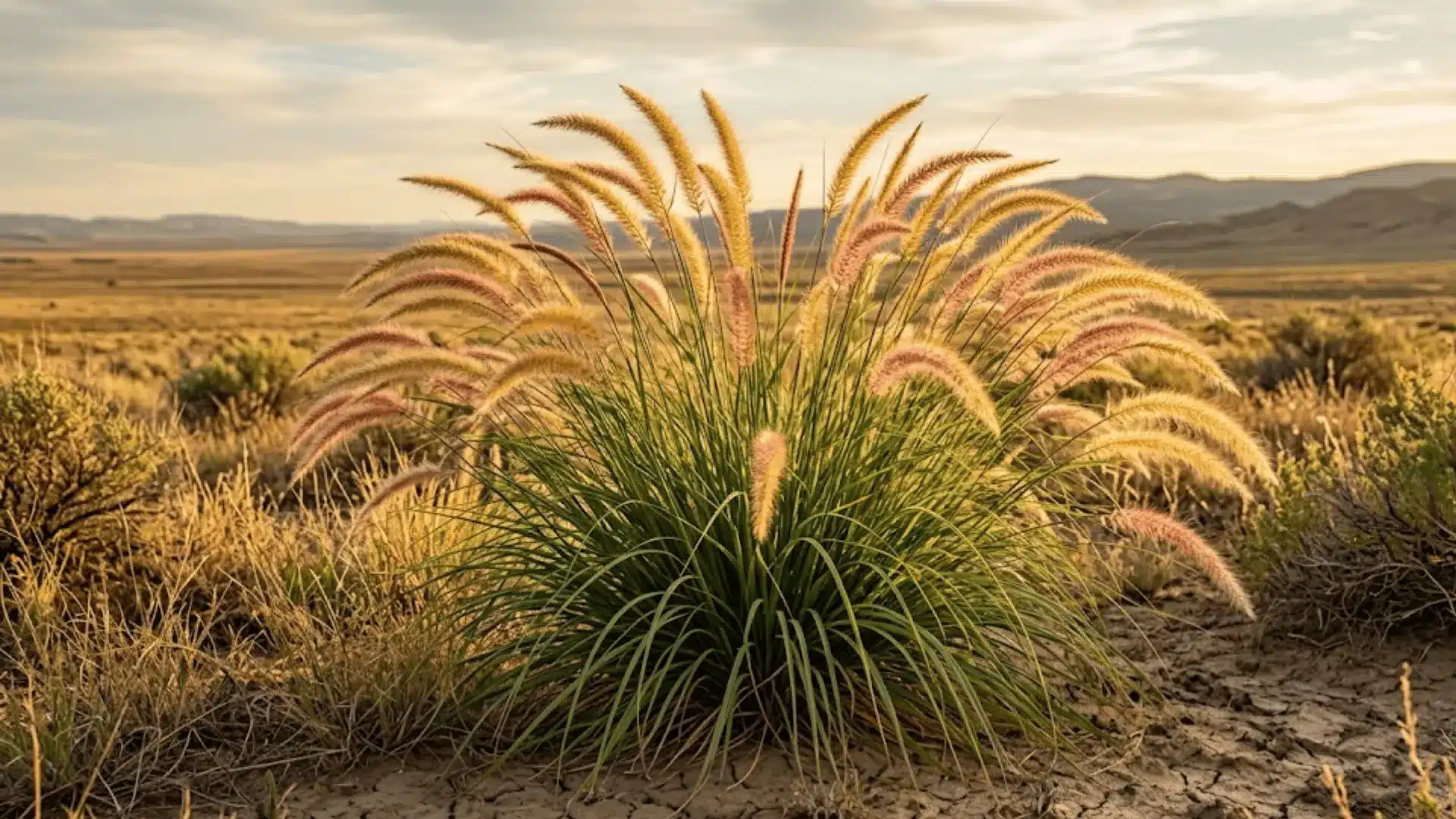 mature fountain grass with arching blades and feathery golden pink plumes in dry open ground