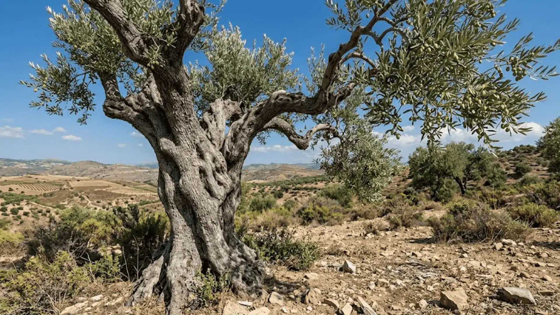 mature gnarled olive tree with silver green leaves and twisted trunk growing in dry stony mediterranean soil
