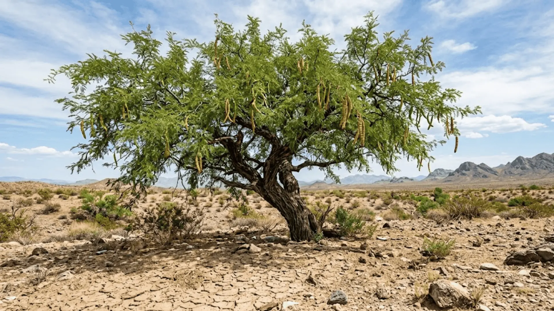 mature mesquite tree with feathery canopy and seed pods growing in open cracked desert land