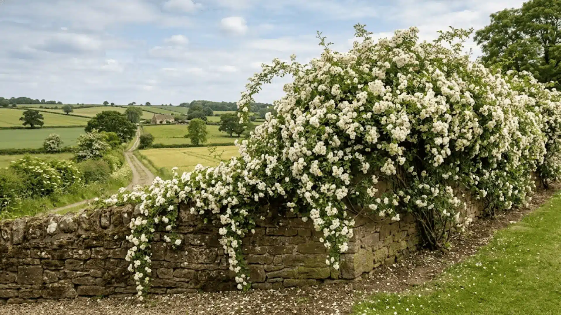 mature rambling rose covering an aged stone wall in cascading clusters of creamy white blooms in early summer