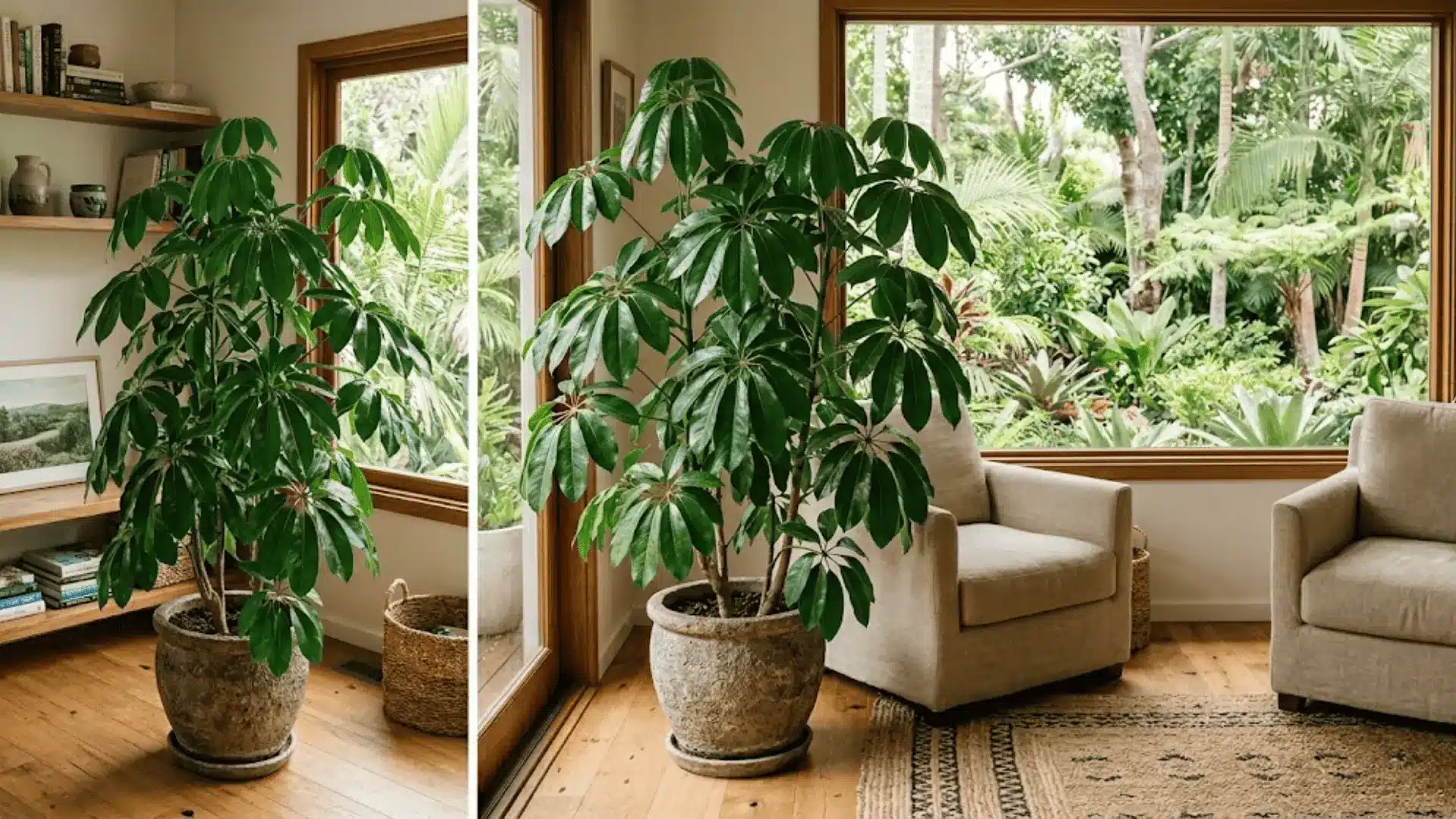 mature schefflera plant with glossy umbrella-like leaf clusters in a warm naturally lit interior beside a large window
