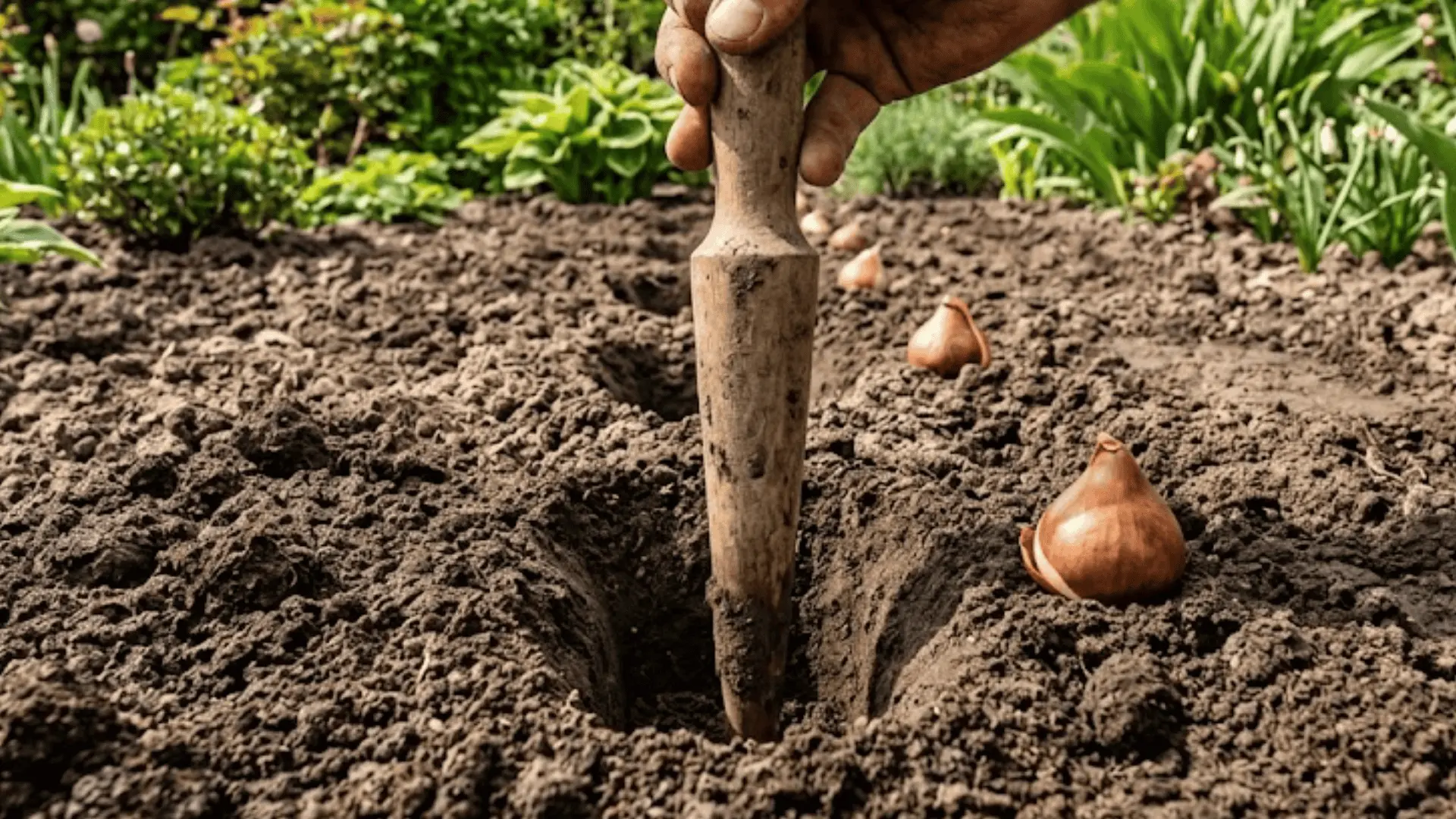 measuring planting depth with ruler in freshly dug garden soil hole, tulip bulb resting nearby, warm natural daylight
