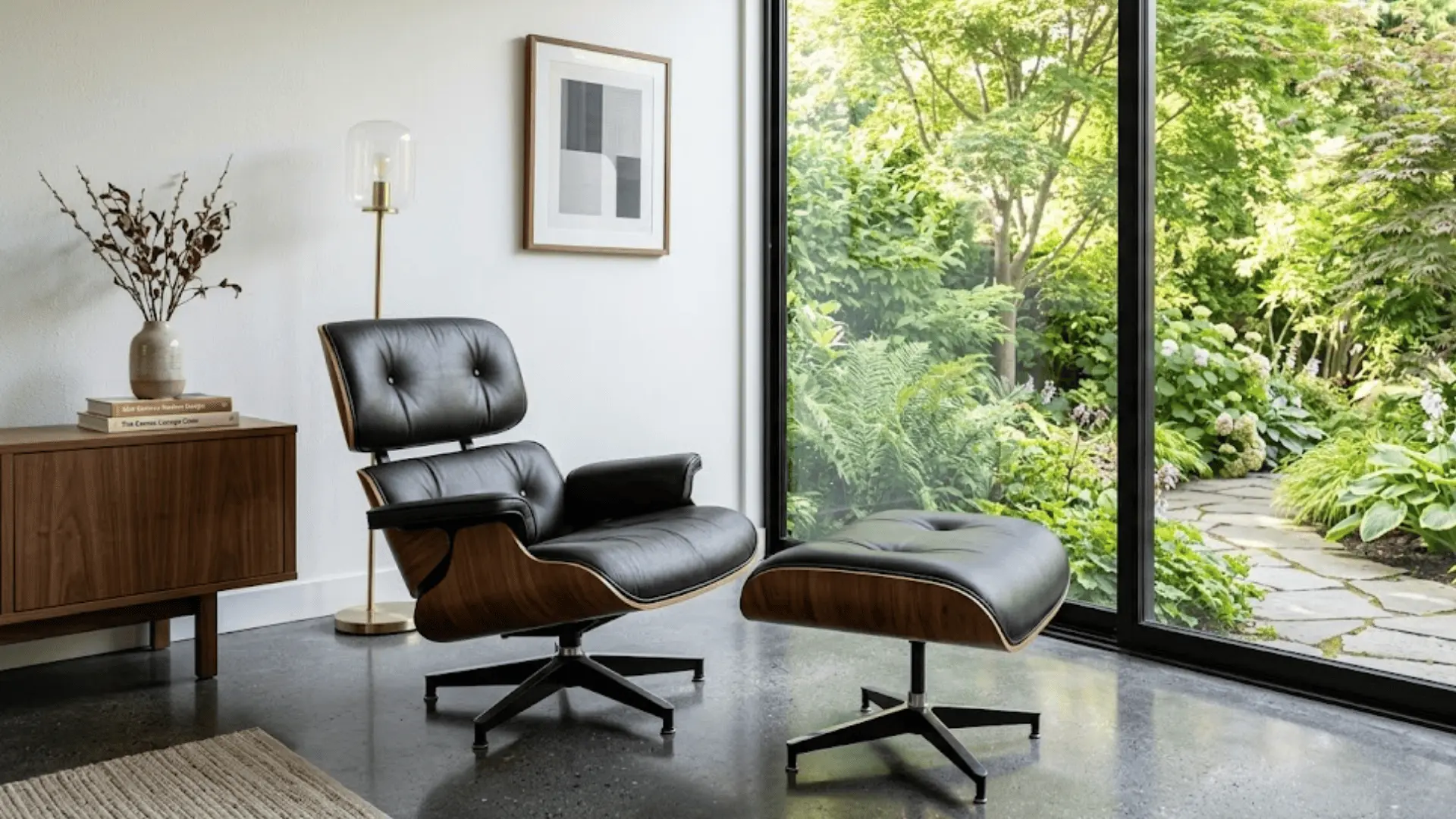 mid-century walnut and black leather lounge chair with ottoman facing a large garden-view window