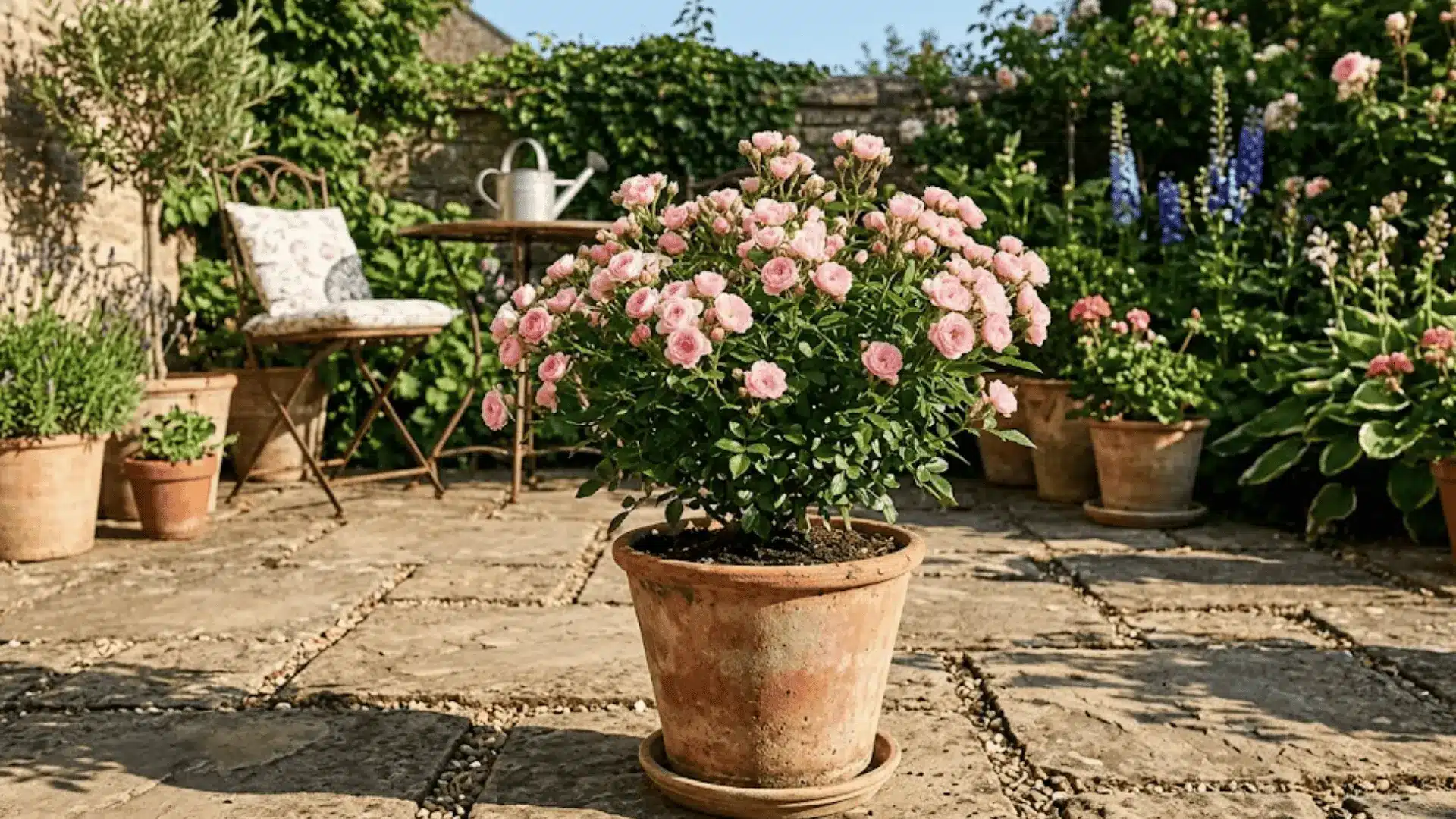miniature blush pink rose plant in a terracotta pot on a sunlit stone patio surrounded by garden greenery